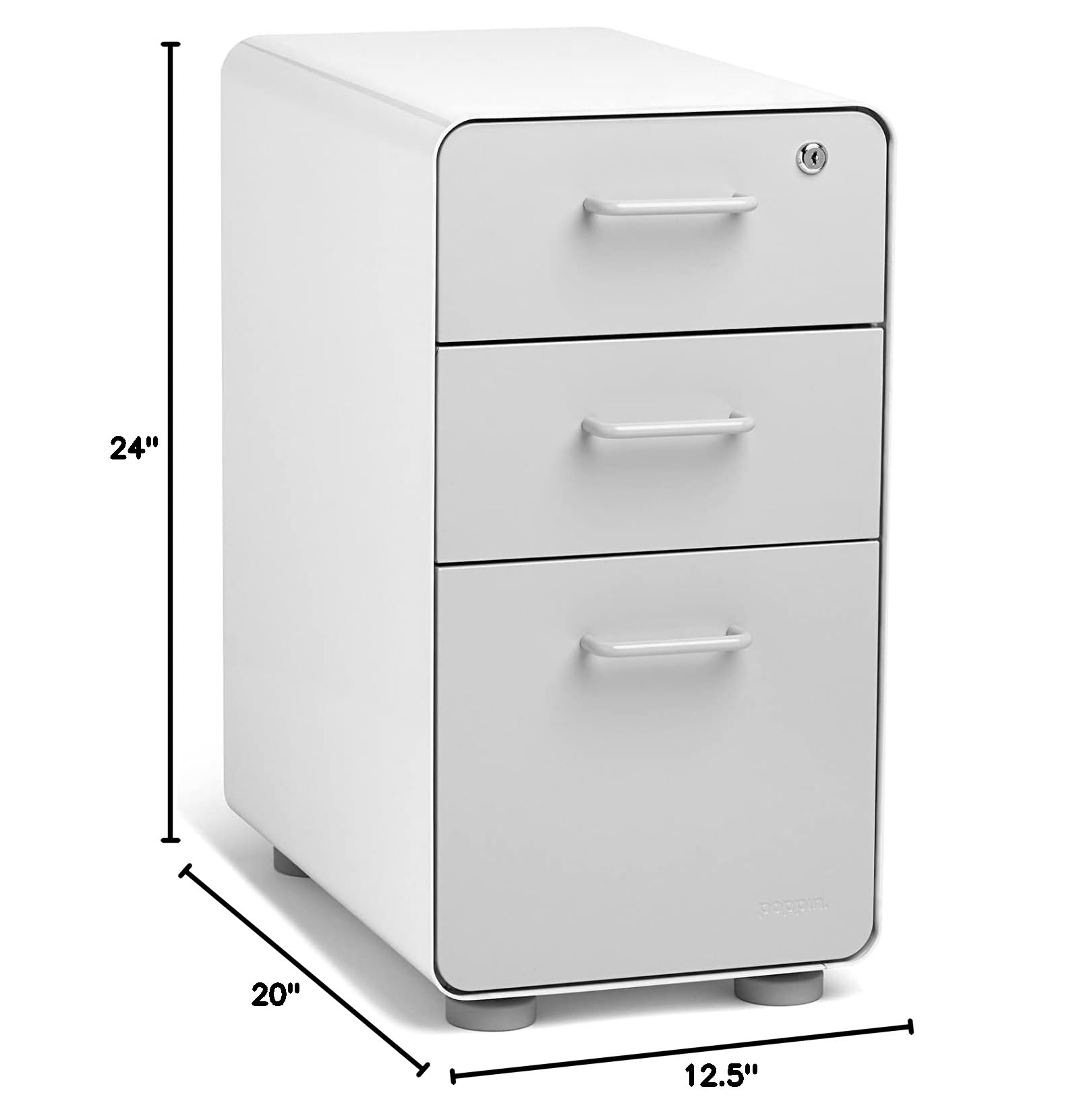 Poppin Slim Stow 3-Drawer File Cabinet - White & Light Gray | 2 Utility Drawers + 1 Hanging File Drawer | Powder-Coated Steel Office Storage | for Home Office, Workspace & Classroom Organization