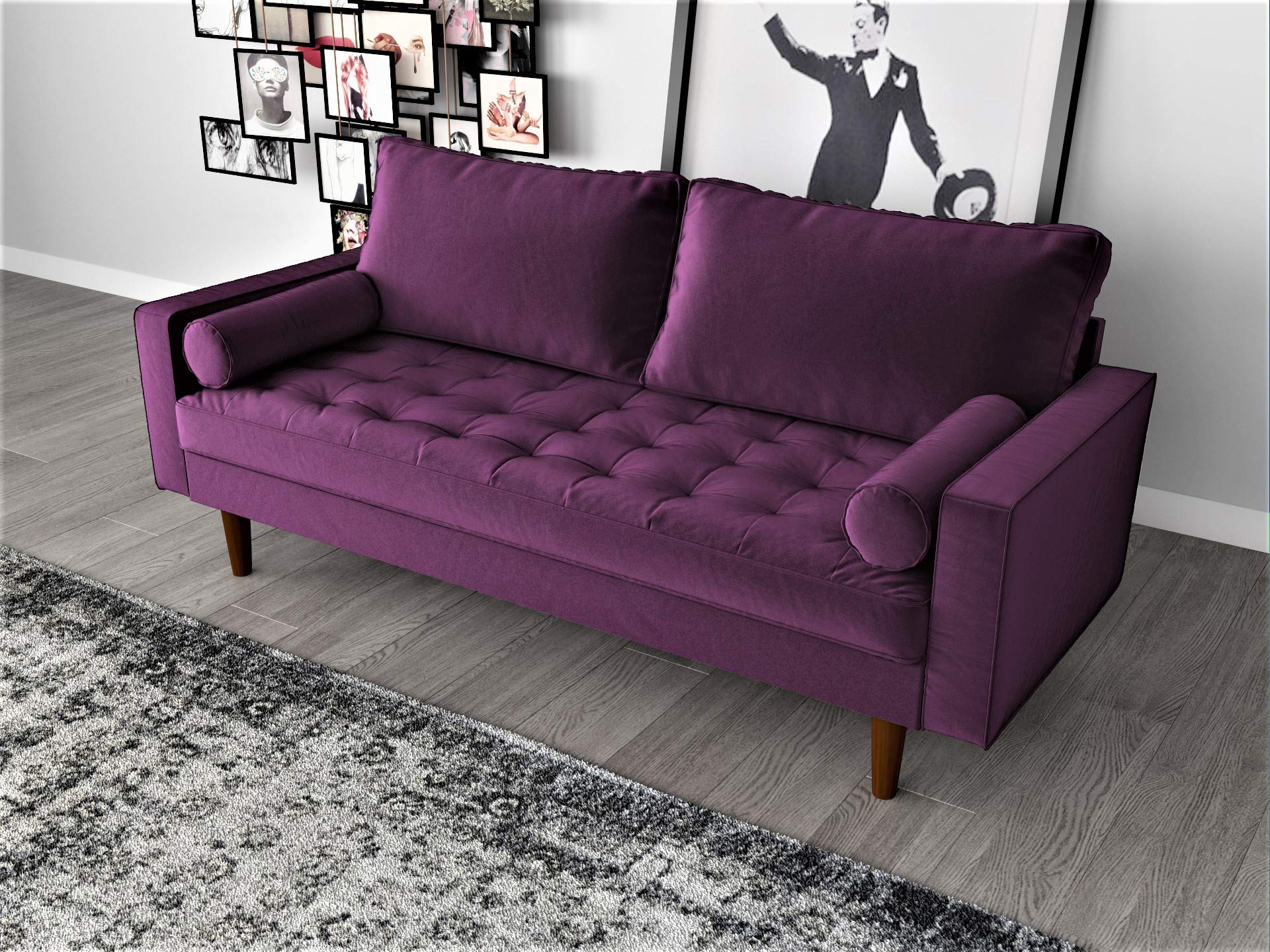 Womble Mid Century Modern Sofa - Soft Velvet Upholstered Tufted Seat with Bolster Pillows, Purple Couch for Living Room, Lounge & Home Decor