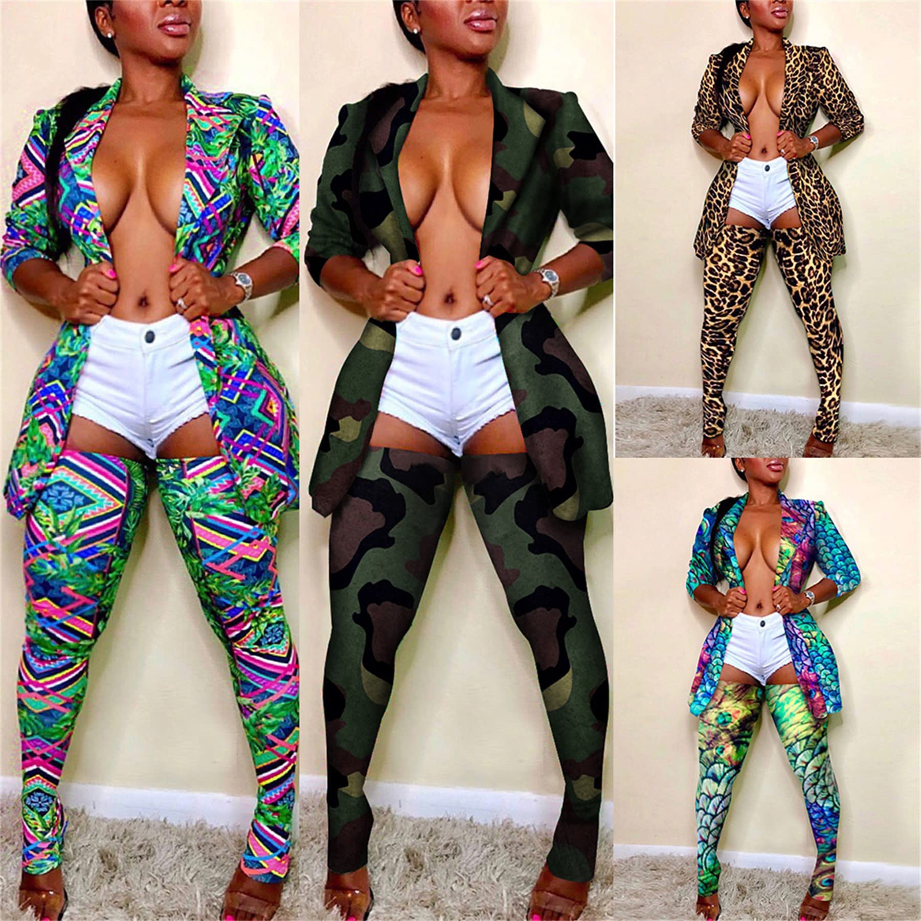 Sexy Women's 2-Piece Outfit Set - Open Front Blazer Jacket with Thigh-High Stockings & Leggings | Office Wear, Night Out, Cosplay Costume