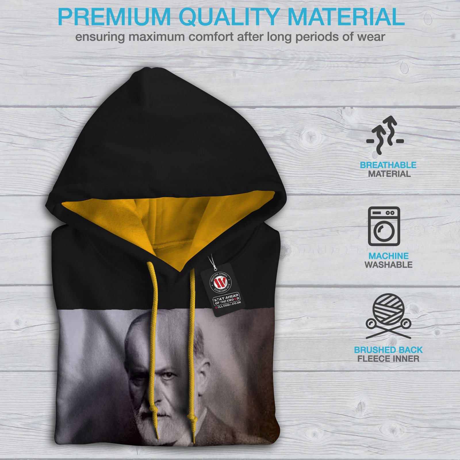 Wellcoda Sigmund Freud Contrast Hoodie for Men - Psychoanalysis Themed Hooded Sweatshirt | Perfect for Psychology Enthusiasts, College Students & Unique Gift Ideas