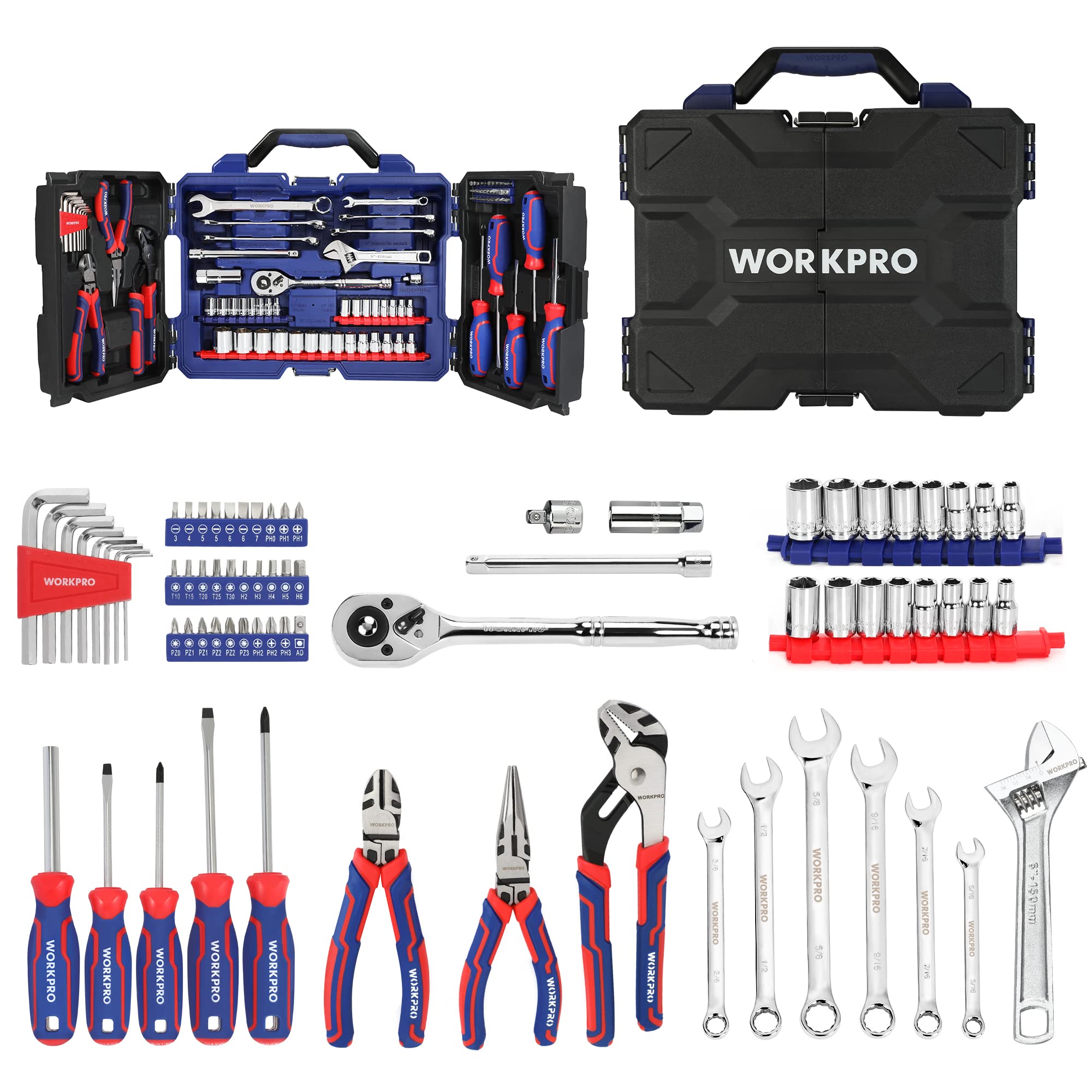 WORKPRO 87-Piece Household & Auto Repair Tool Kit with Pliers, Screwdrivers, Sockets, Wrenches & Toolbox - Complete Mechanic Tool Set for Homeowners, DIYers, Handymen - Perfect for Home Repairs, Car Maintenance & DIY Projects