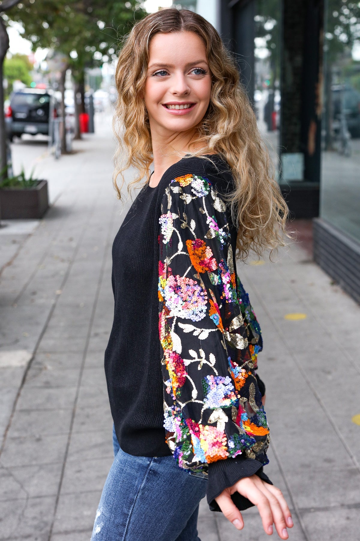 Diva Dreams Black Floral Sequin Mesh Sleeve Rib Knit Top for Women | Elegant Party Blouse | Perfect for Night Out, Date Night & Special Occasions