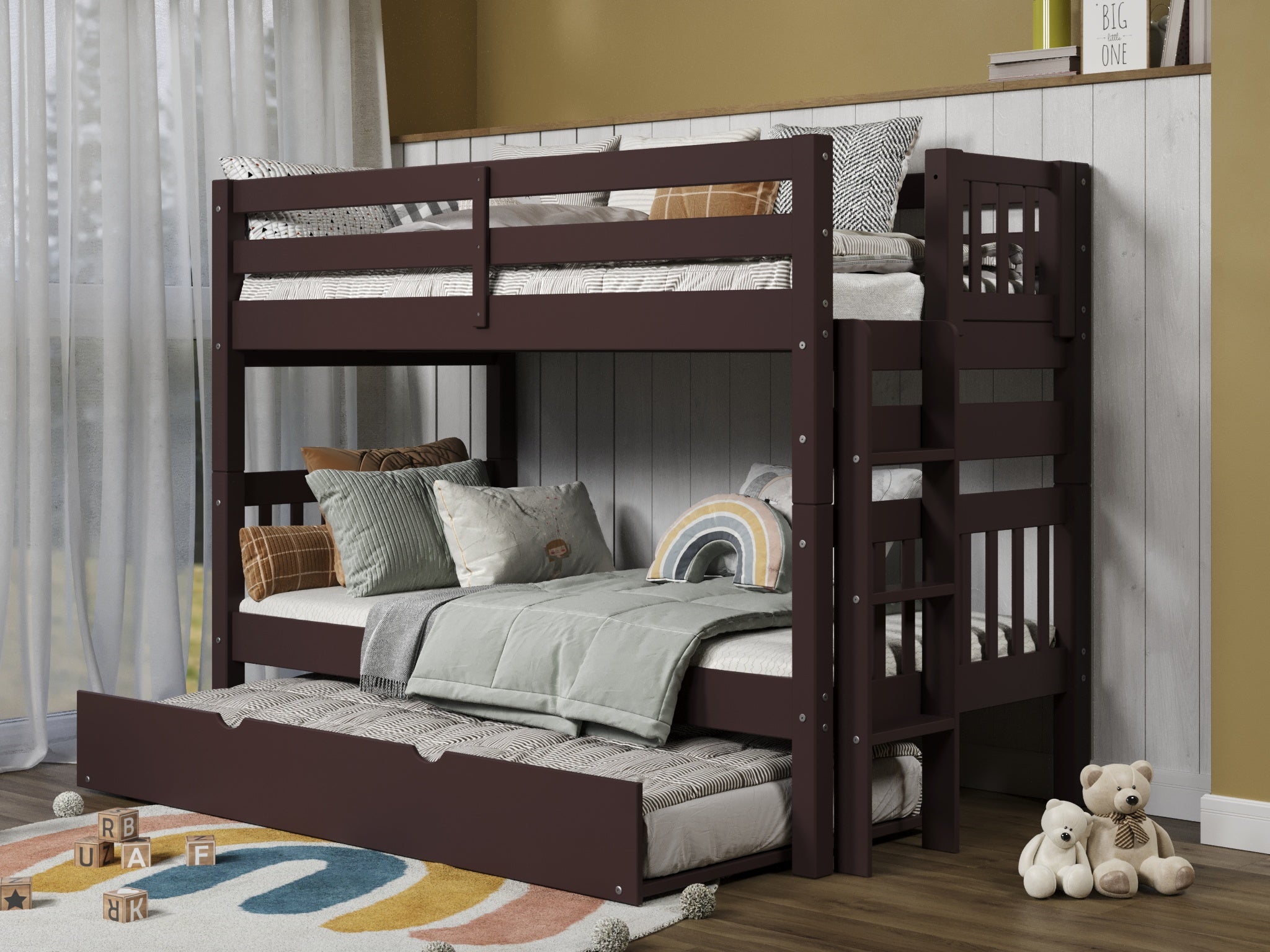 Twin Over Twin Bunk Bed with End Ladder & Trundle - Dark Cherry Finish | Space-Saving Kids Bedroom Furniture for Siblings or Sleepovers