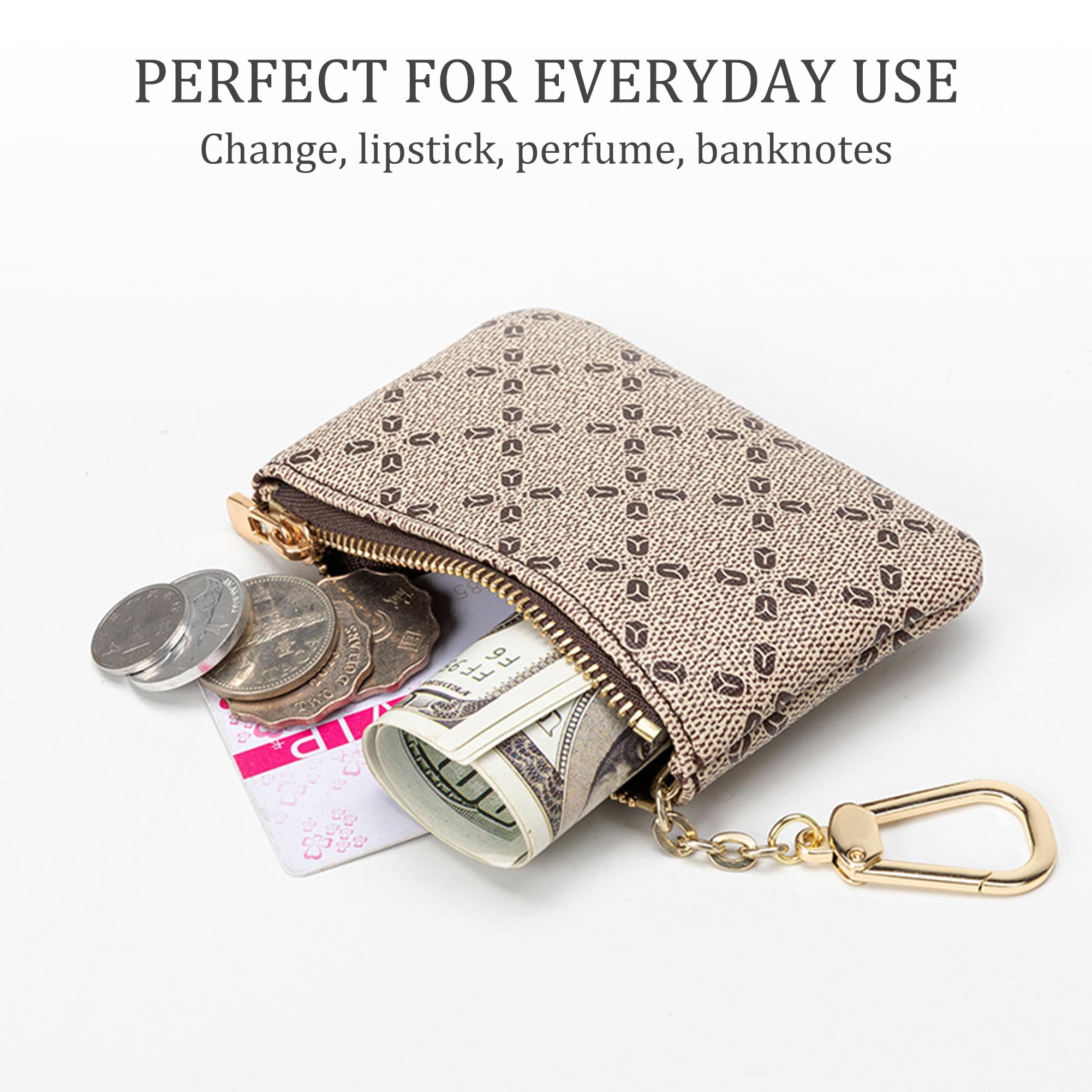 Veki Leather Coin Purse Wallet with Keychain Ring & Zipper - Classic Khaki Mini Clutch for Men & Women | Perfect for Keys, Coins, Cards & Everyday Essentials
