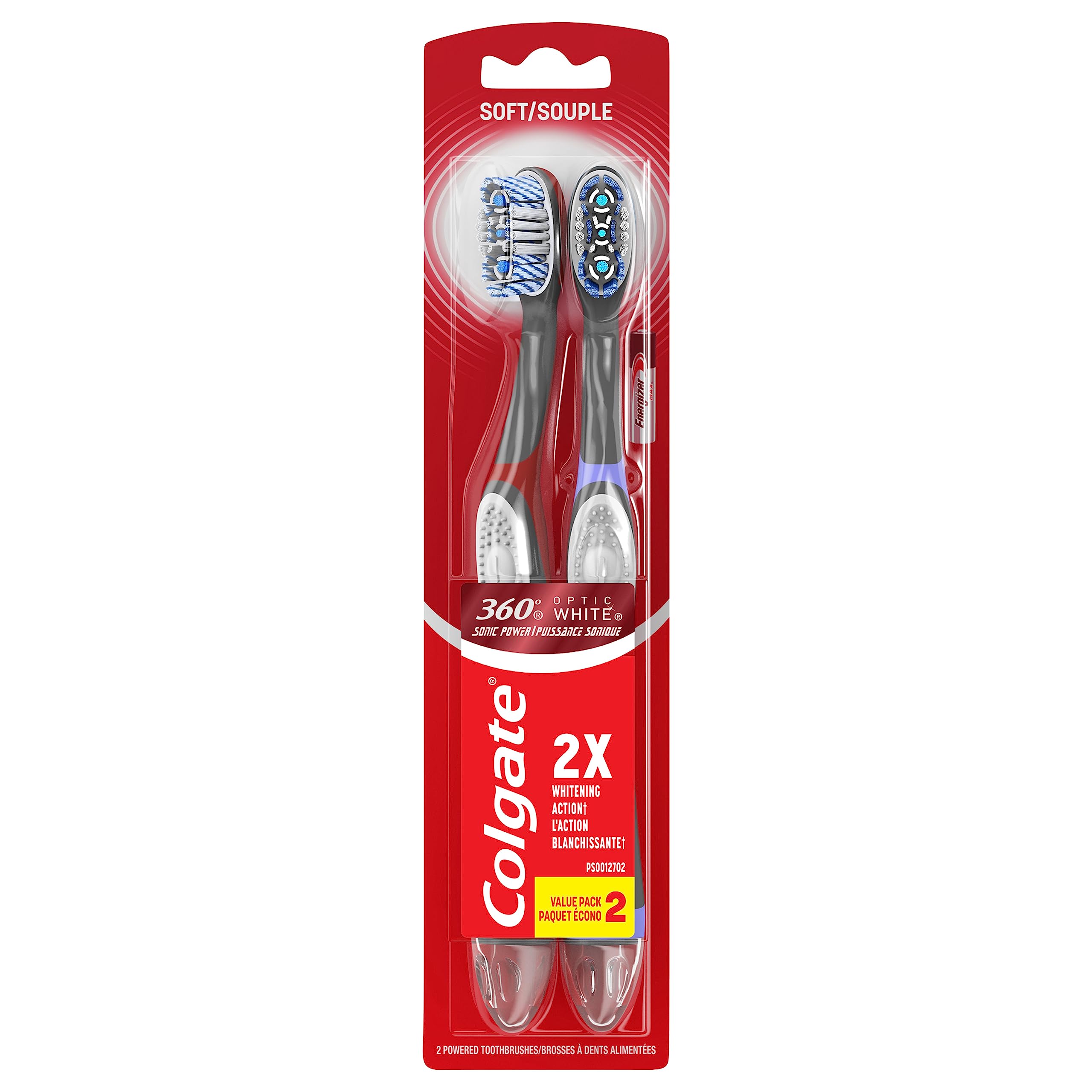 Colgate 360 Optic White Sonic Battery Powered Toothbrush with Soft Bristles - 2 Pack for Teeth Whitening & Deep Cleaning - Perfect for Travel & Daily Oral Care