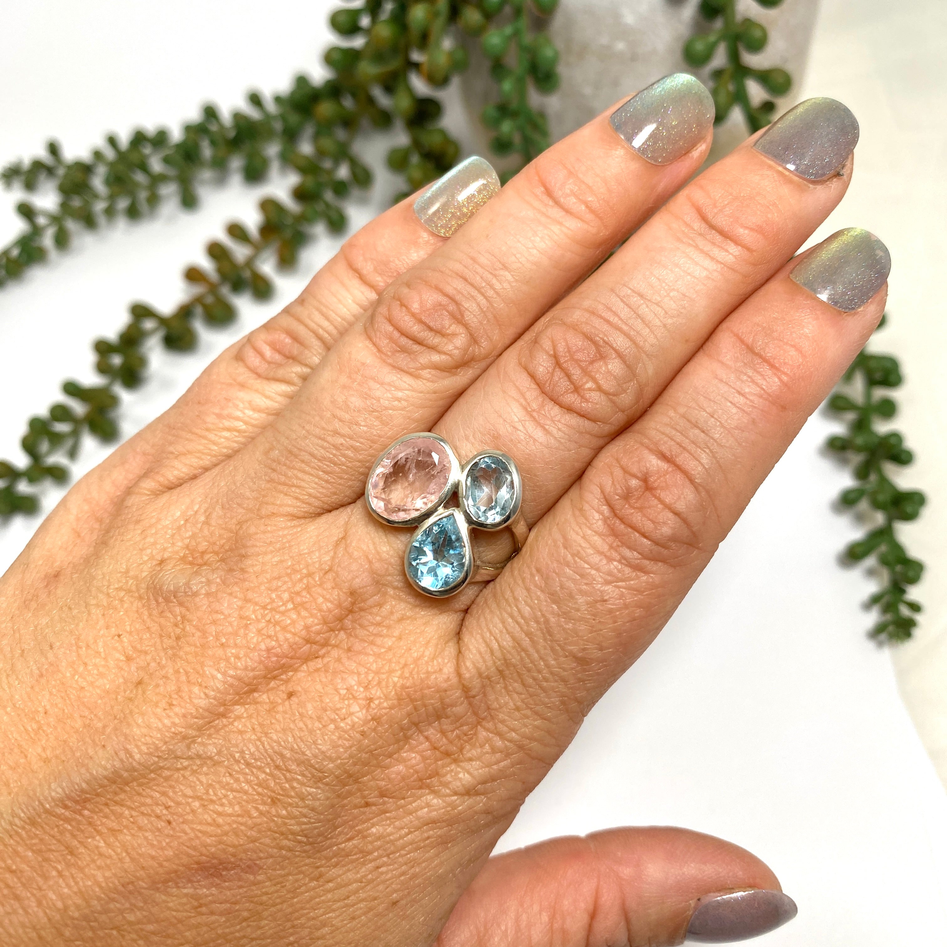 Morganite & Blue Topaz Faceted Multi-Stone Ring - Size 7.5 - PRGJ619 - Perfect for Engagement, Anniversary & Special Occasion Gifts
