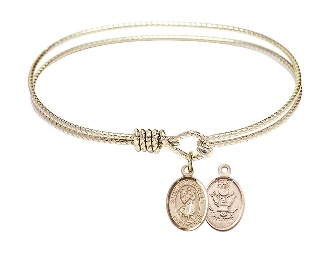 Gold-Filled Oval Eye Hook Bangle Bracelet with St. Christopher & Army Charm - Military Gift, Religious Jewelry for Everyday Wear | Perfect for Soldiers, Prayer Protection & Casual Fashion Accessories