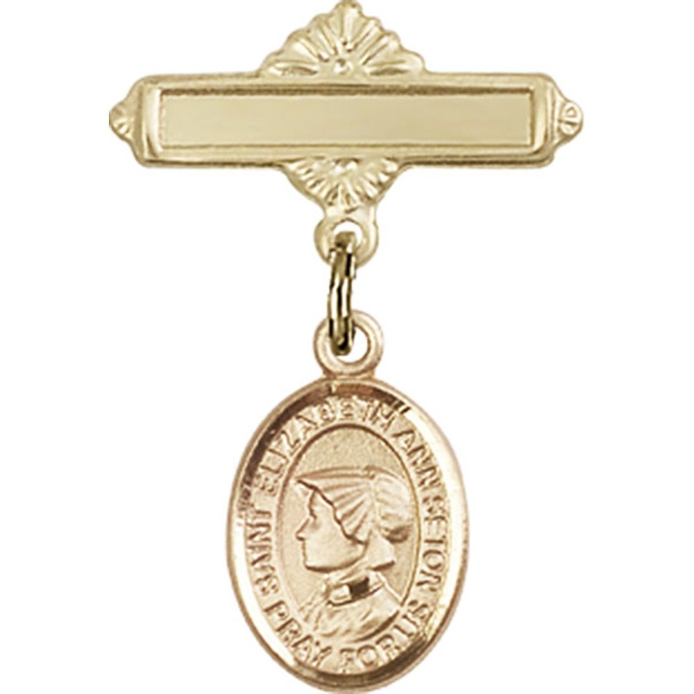 St. Elizabeth Ann Seton Gold Filled Baby Badge - 1 X 5/8 Inch Religious Charm with Polished Pin - Perfect for Baptism, First Communion & Baby Blessing Gifts