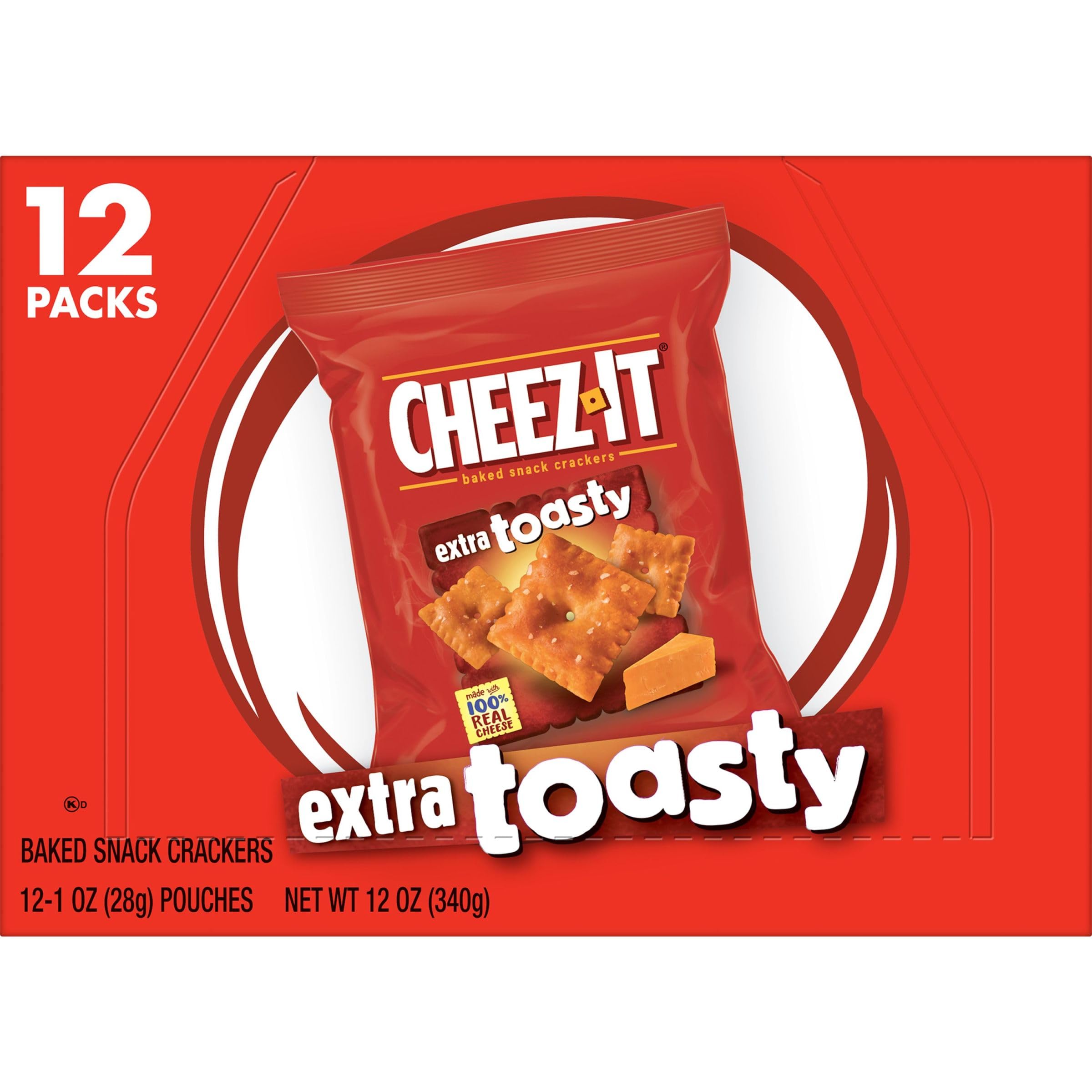Cheez-It Extra Toasty Baked Cheese Crackers - 12oz Box (12 Packs) - Perfect for Office Snacks, Kids Lunchboxes & Party Platters