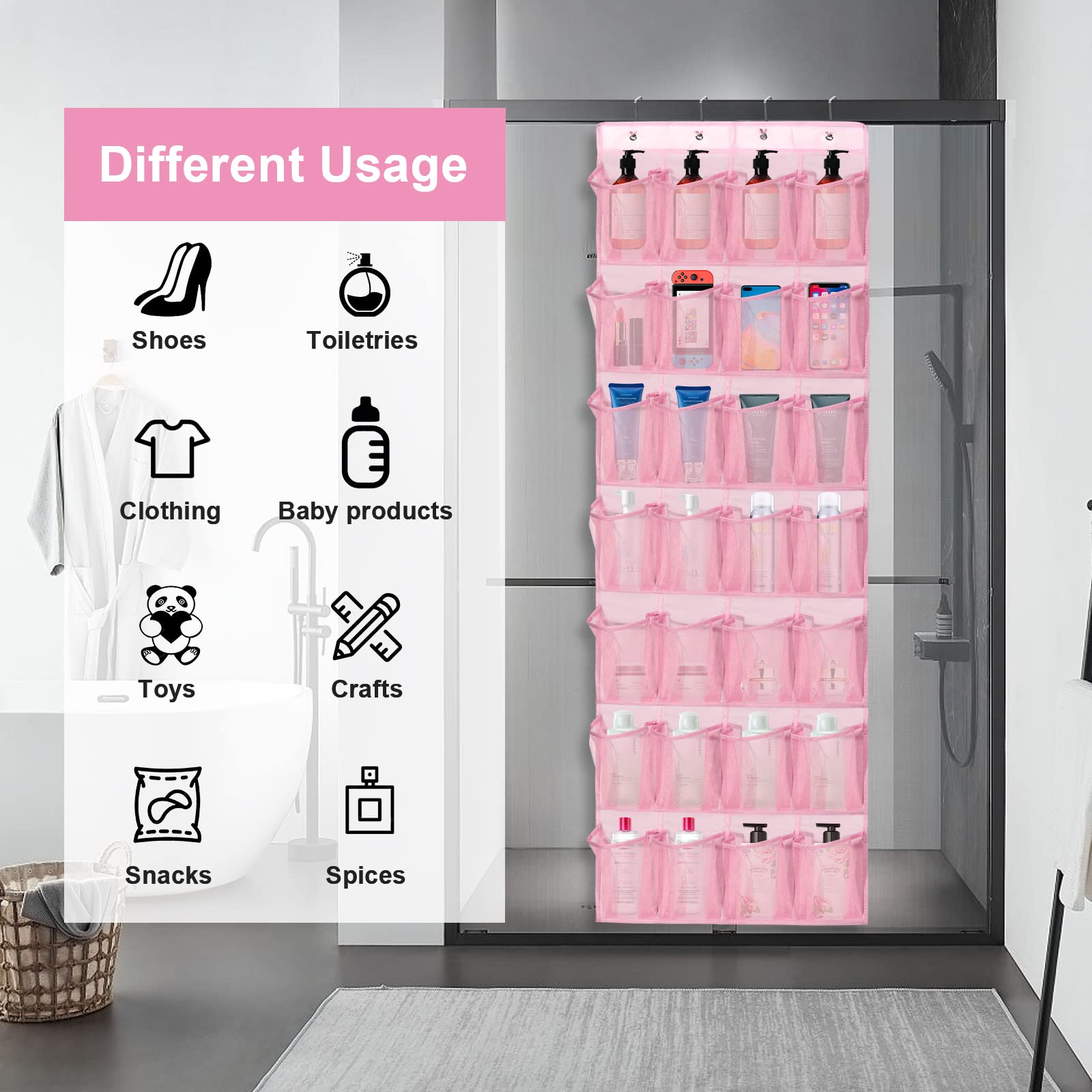 Over the Door Shoe Organizer with 28 Mesh Pockets - Space Saving Hanging Shoe Storage Rack for Closet, Entryway, Bedroom & Bathroom - Holds Men's Sneakers & Women's Shoes (2 Pack, Pink) - Perfect for Small Spaces & Shoe Organization