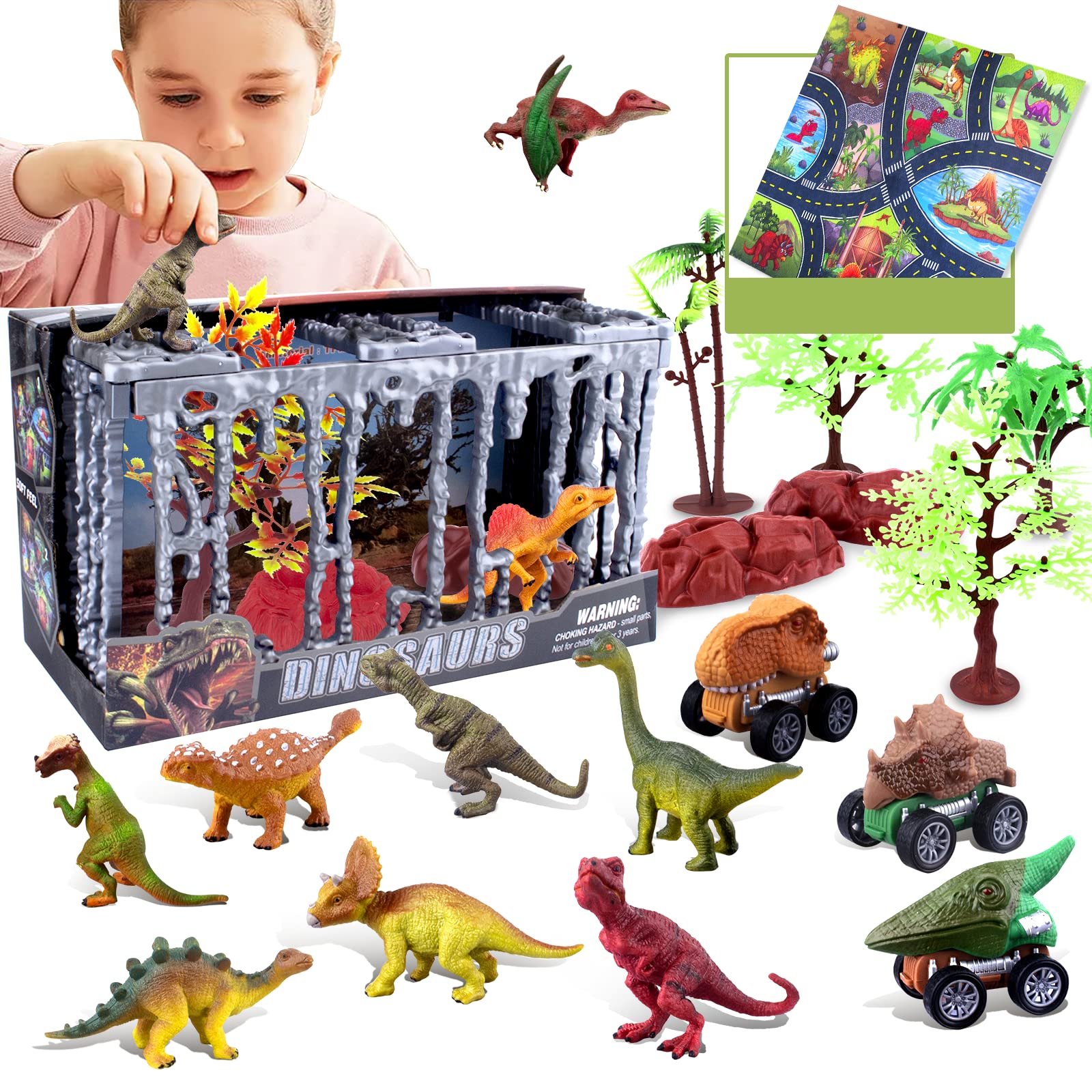 Realistic Dinosaur Toys Set with Cage Storage Box - 12-Piece Dino Figures, Pull Back Car & Play Mat for Kids Ages 3-7 | Educational STEM Toy for Boys & Girls | Perfect for Birthday Gifts, Classroom Learning & Pretend Play Adventures