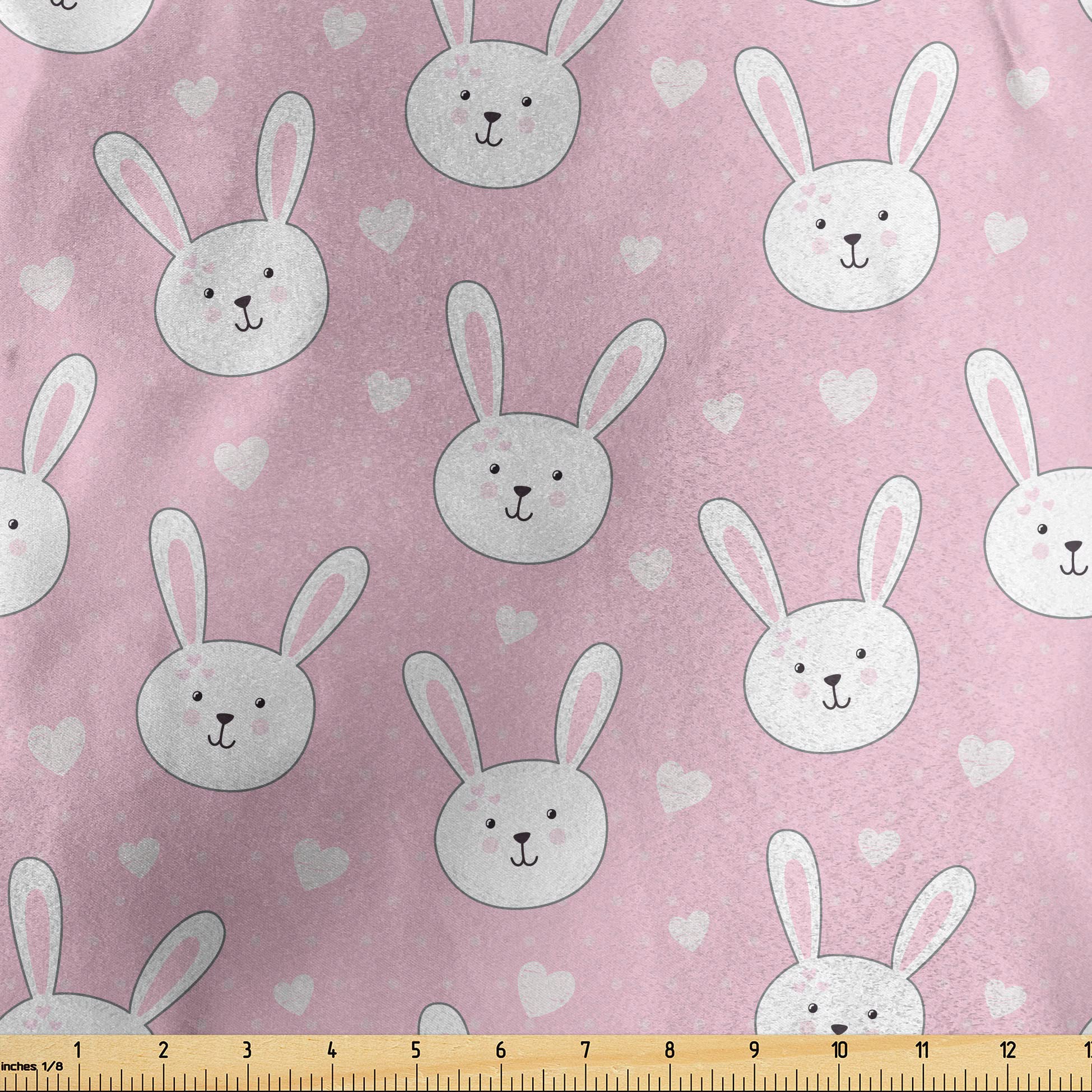 Lunarable Pale Pink Satin Fabric by The Yard - Easter Themed Cartoon Rabbits with Hearts & Dots Print - 10 Yards for Home Decor, DIY Crafts, Quilting & Sewing Projects (Pale Pink & White)