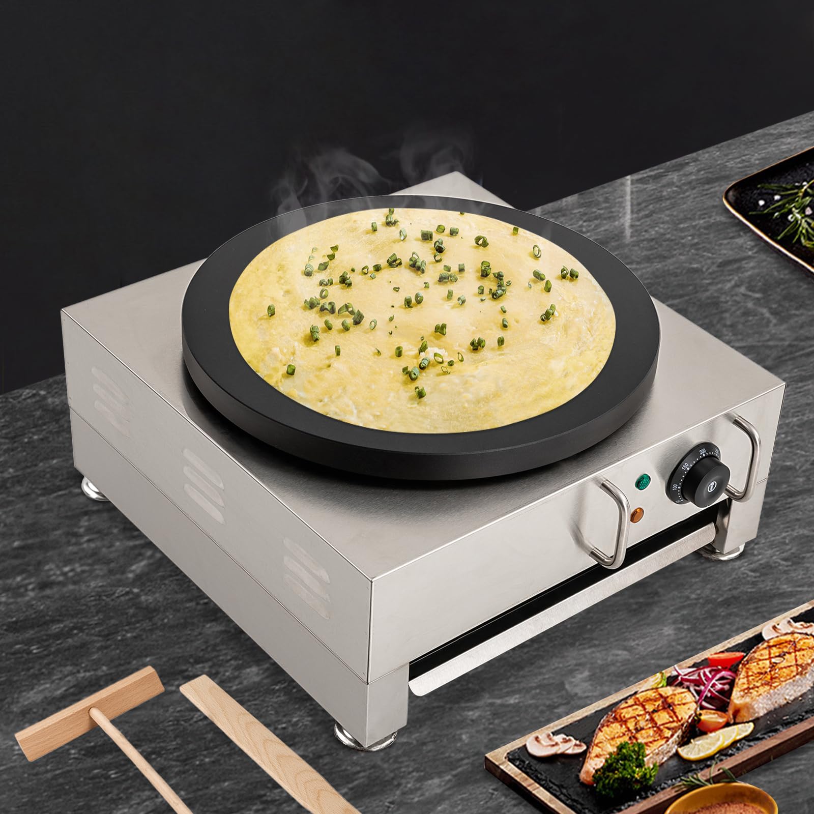 16-Inch Electric Crepe Maker & Pancake Griddle - Commercial Non-Stick Stainless Steel Baking Machine (122-572°F) for Restaurants, Dessert Shops, Snack Bars - Perfect for Crepes, Pancakes, Waffles and Breakfast Cooking