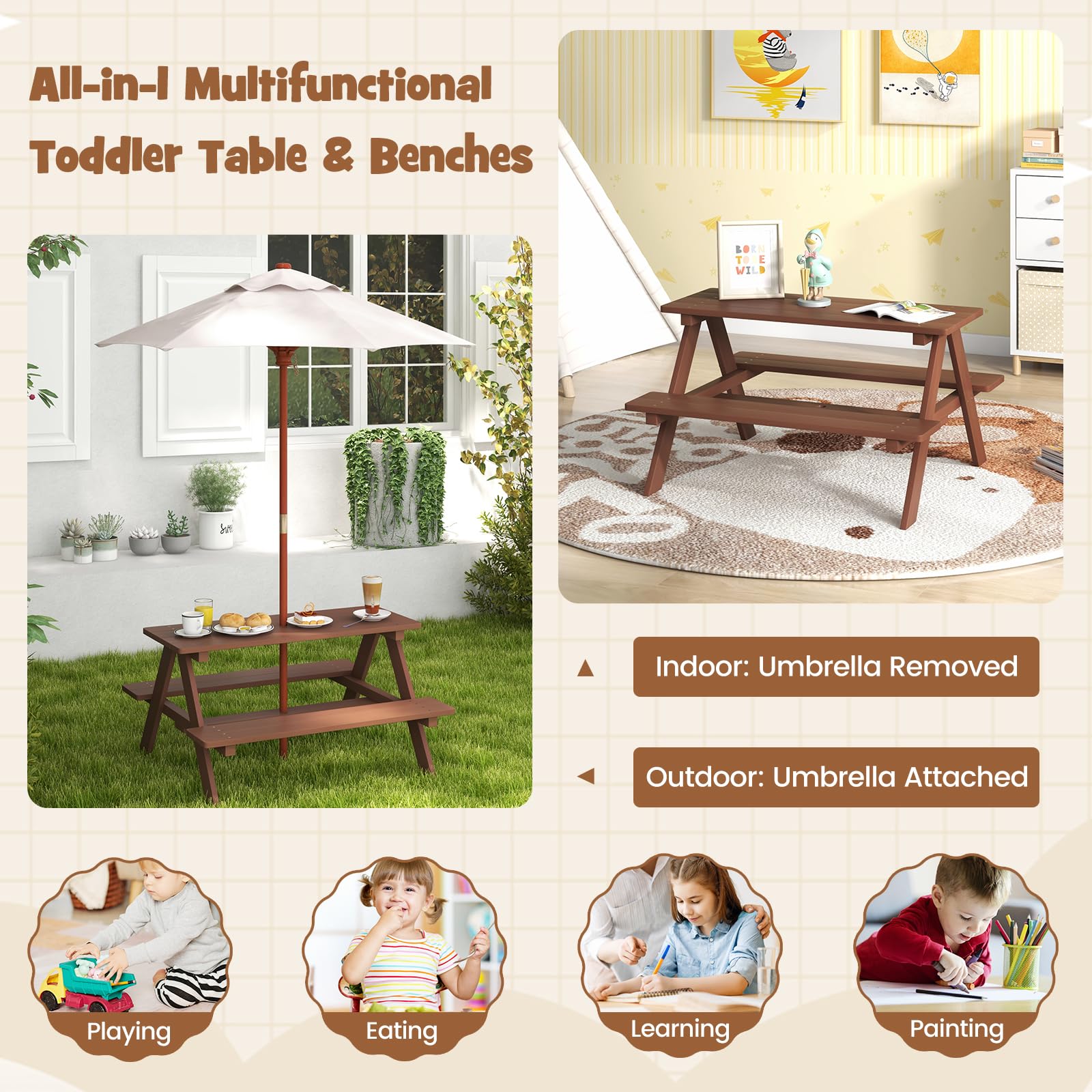 Olakids Kids Picnic Table Set - Outdoor Wooden Toddler Table & Chairs with Removable Umbrella - Children's Activity Furniture for Patio, Garden, Backyard - Perfect for Outdoor Playdates, Birthday Parties & Family Gatherings
