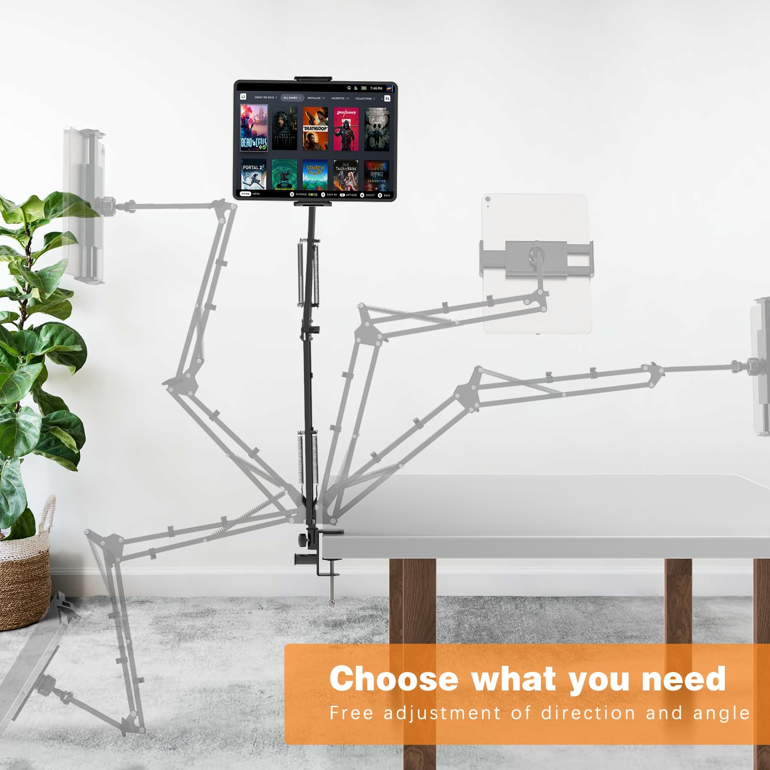 JUBORUI 360° Rotating Tablet Stand for Bed - Adjustable iPad Holder with 2 Sturdy Metal Arms for iPad Pro/Air/Mini 4.7