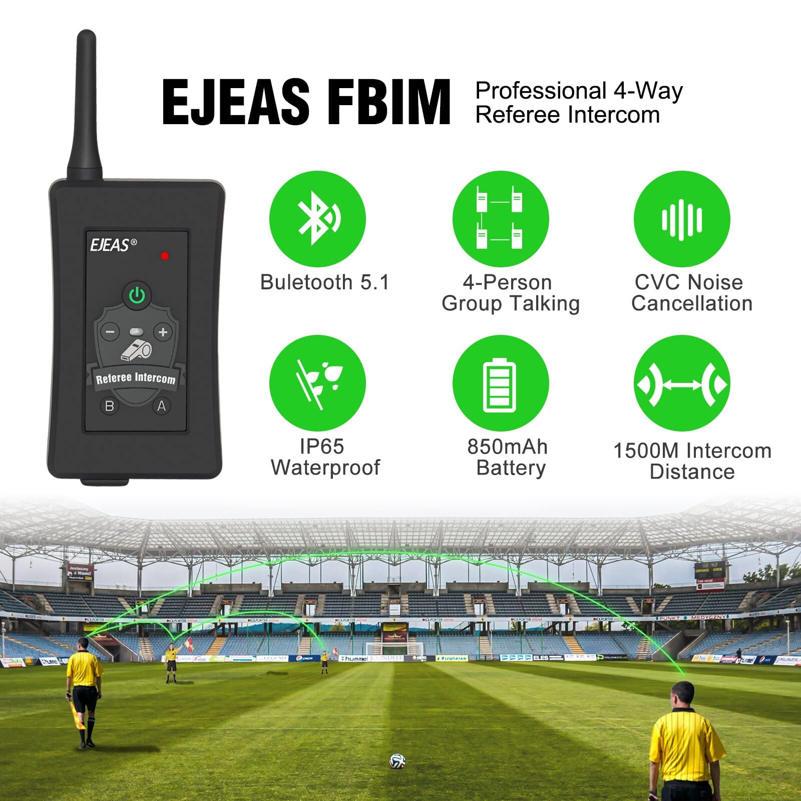 EJEAS FBIM Professional Referee Bluetooth Headset - 4-Way 1500M Communication System with Noise Cancelling, Waterproof & 850mAh Battery - Includes Armband for Football, Handball & Basketball Referees (2 Pack) - Perfect for Sports Officiating, Coaching & Team Communication
