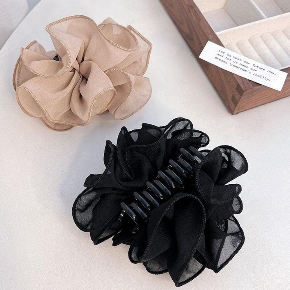 Elegant Black Chiffon Claw Clip Hair Bow with Fabric Ribbon & Silk Flower - Perfect for Parties, Weddings & Everyday Hairstyles