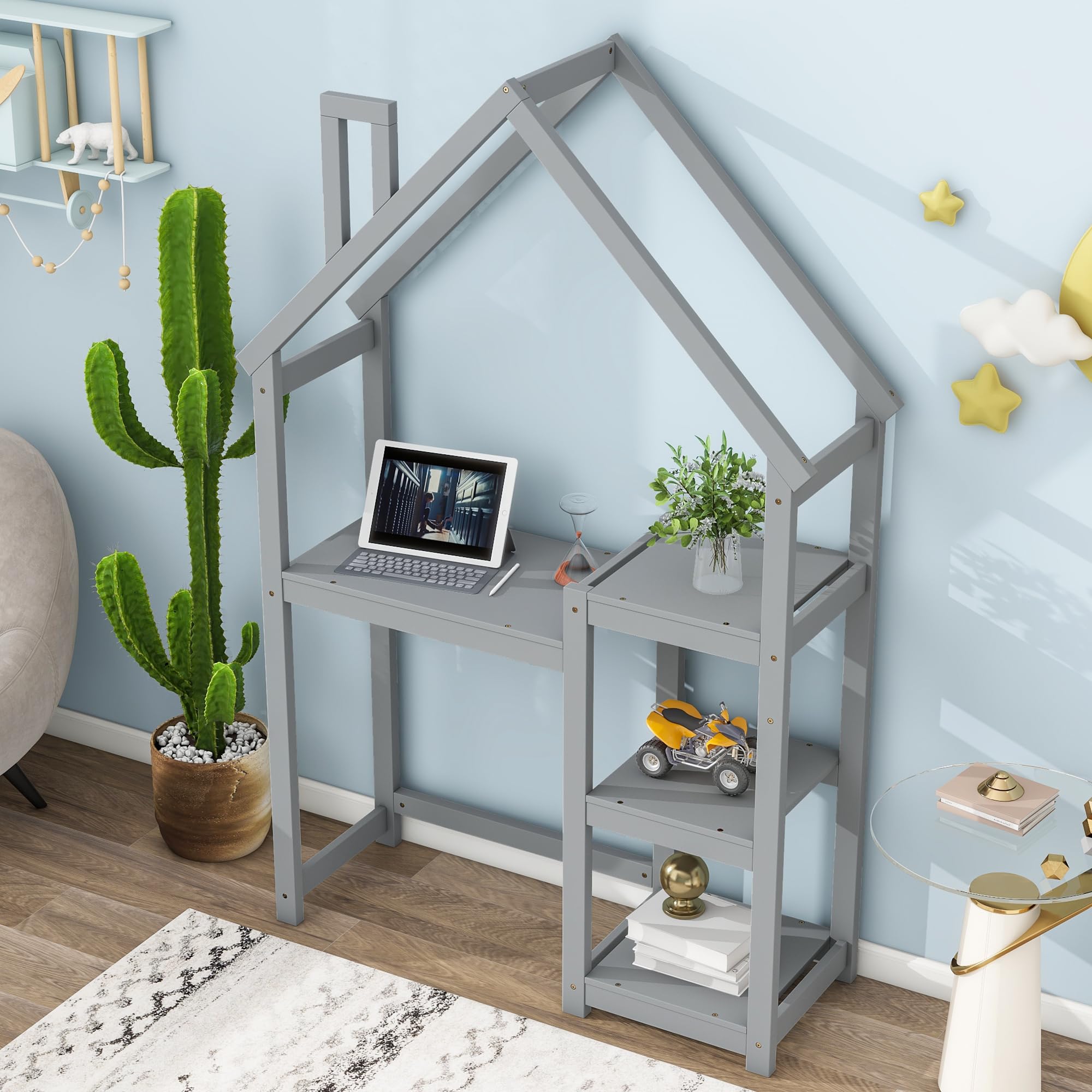 Kids Wooden House-Shaped Writing Desk - Multi-Functional Study Table with 3-Tier Storage Shelves, Open Bookshelf & Toy Organizer - Stylish Grey Roof Design for Bedroom, Playroom or Homeschooling
