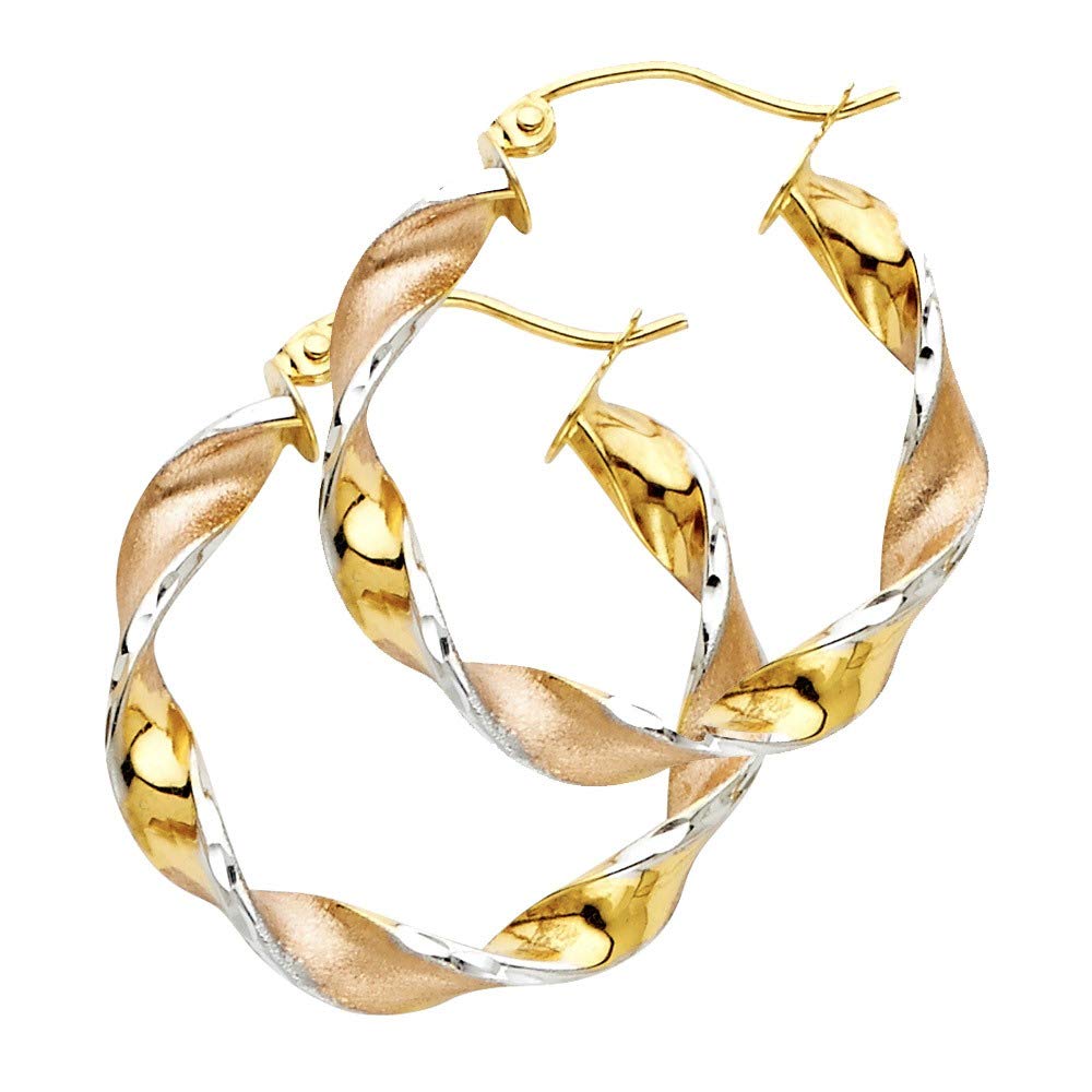 14K Yellow Gold, White Gold & Rose Gold Swirl Hoop Earrings 25mm - Elegant Jewelry Gift for Women, Bridesmaids, Anniversary, Birthday & Special Occasions