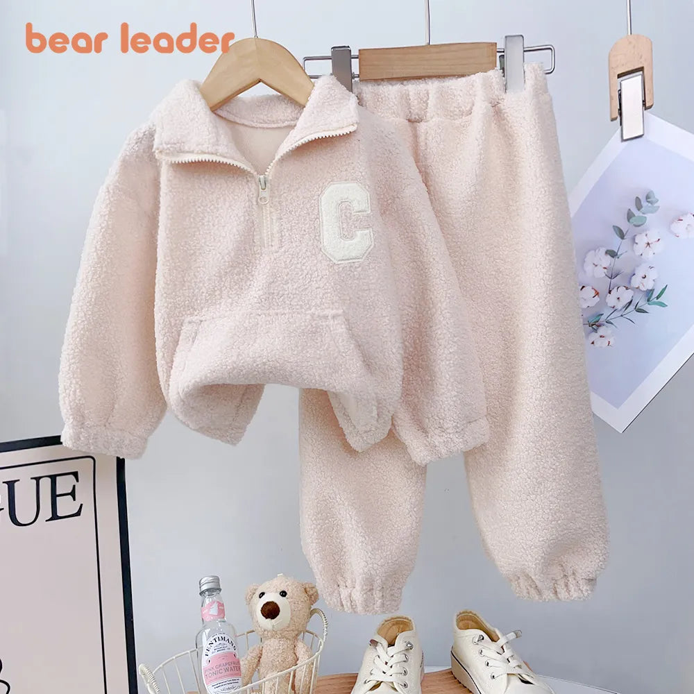 Bear Leader Girls' Autumn Fleece Two-Piece Set - Cozy Standing Collar Pullover Top & Pants Outfit for Kids | Perfect for Fall Playdates, School & Family Photos