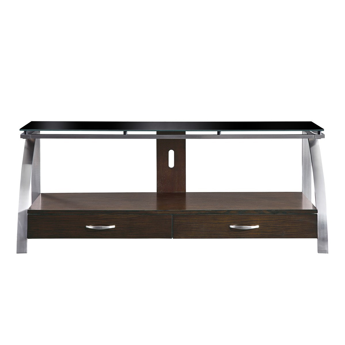 Modern Espresso & Stainless Steel Glass Top TV Stand with Storage Shelves & Cable Management - Perfect for Living Room, Bedroom & Home Theater Setup