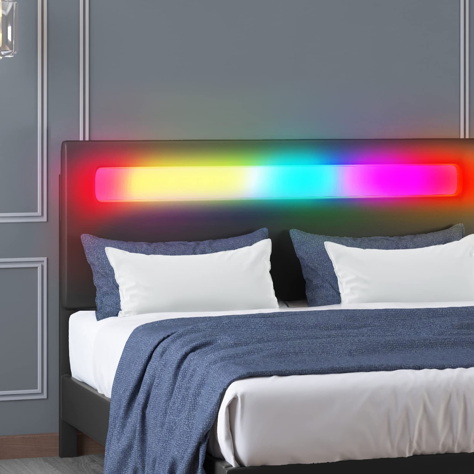 MJkone Queen Size Platform Bed Frame with Smart RGB LED Light Strip - Adjustable Headboard, Alexa & App Compatible, No Box Spring Needed (Black) | Modern Bedroom Furniture for Smart Home & Gaming Setup