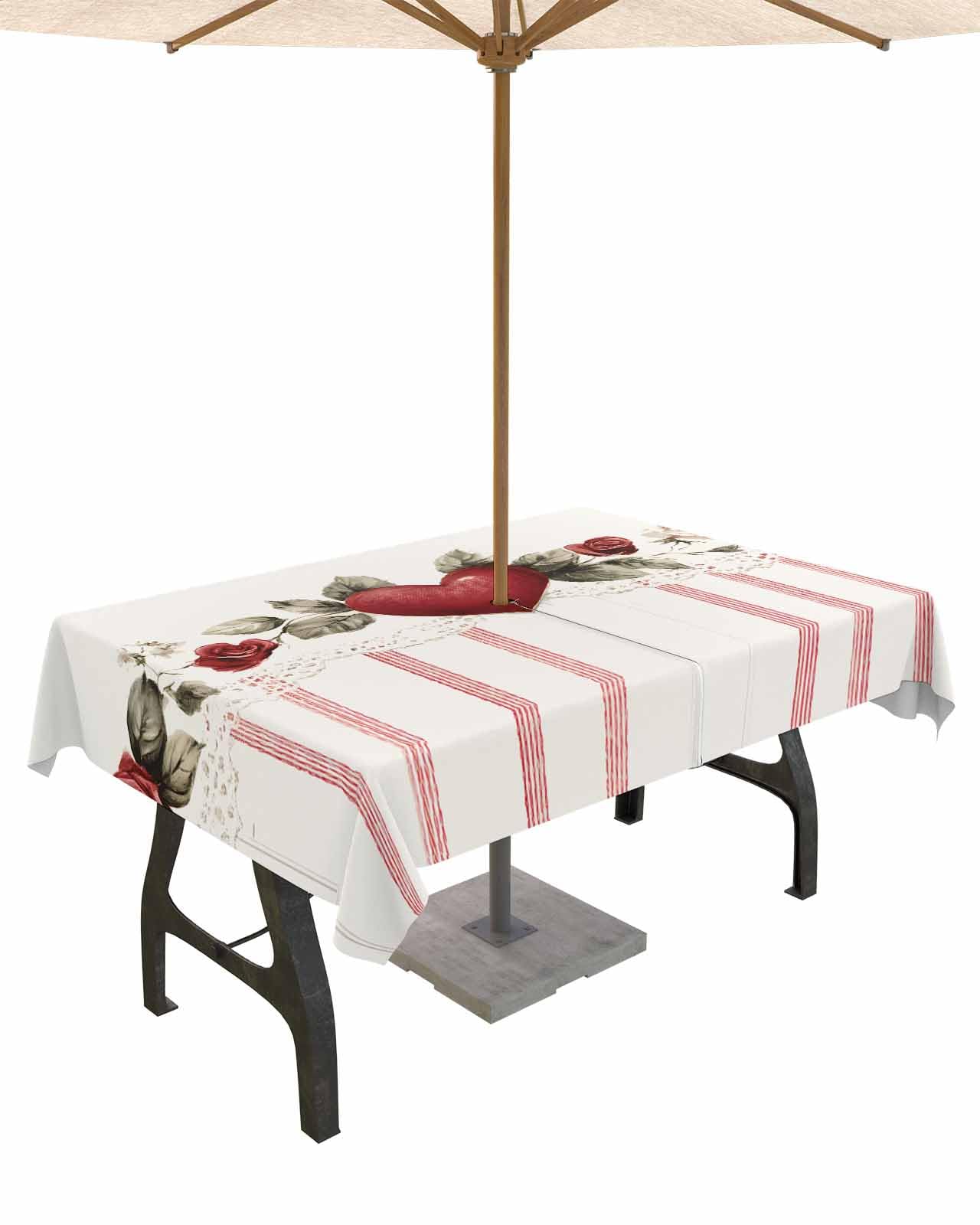 Valentine's Day Red Striped Waterproof Tablecloth with Umbrella Hole & Zipper - Spillproof Rectangular Table Cover for Outdoor Dining, Picnics, Patio Parties and Romantic Dinners