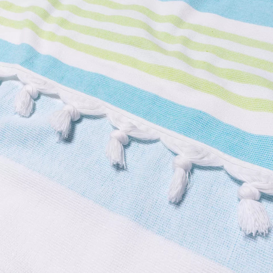 Coastal Resort Stripe Fouta 4-Piece Beach Towel Set with Tassels - Soft & Absorbent for Pool, Beach, Spa & Outdoor Use