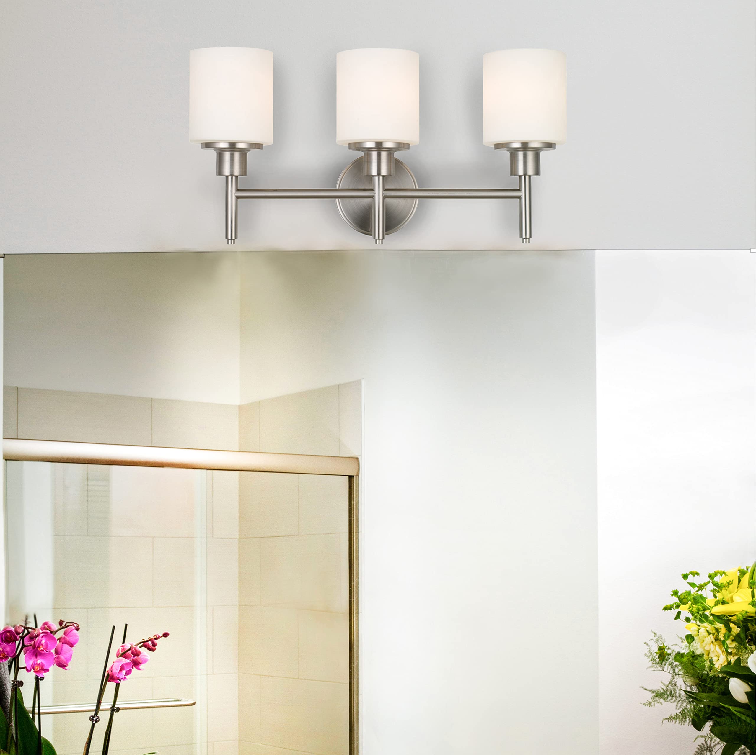 Design House 556209 - 3-Light Dimmable Bathroom Vanity Lighting Fixture in Satin Nickel with Frosted Glass Shade, Rustproof Bathroom Light for Mirror, Makeup Area & Powder Room (Perfect for Modern Home Bathroom Renovation)