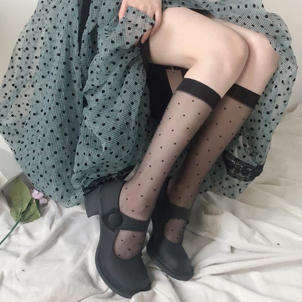 JIHUOO 2 Pairs Black Knee High Socks - Mesh Lolita Stockings with Patterned Design, Thin Calf Socks for Women & Girls | Perfect for Cosplay, Gothic Fashion and Everyday Wear