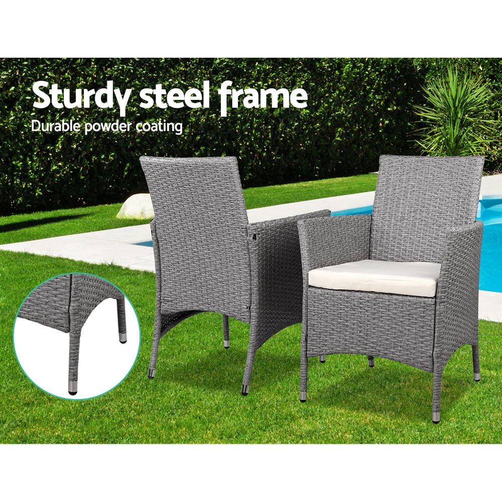 3-Piece Outdoor Bistro Set - Patio Furniture with Wicker Chairs, Table & Cushions (Grey) - Perfect for Garden, Balcony, and Backyard Relaxation