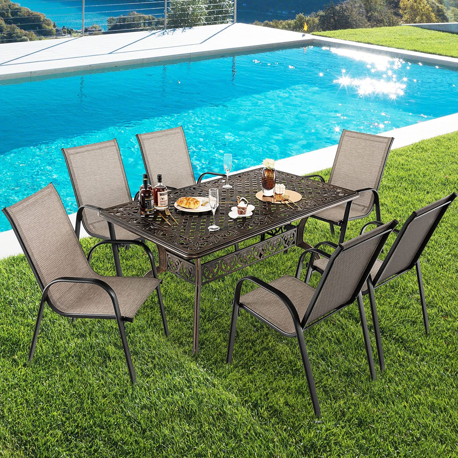 Tangkula 59 Inch Outdoor Dining Table - All-Weather Cast Aluminum Patio Table with Umbrella Hole - 6-8 Person Rectangular Garden Table for Backyard, Poolside & Outdoor Entertaining (Bronze)