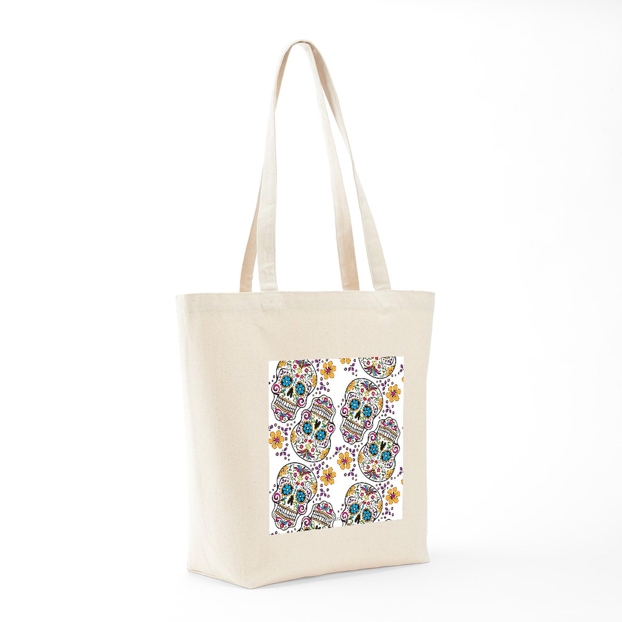 Sugar Skull Halloween White Tote Bag - Natural Canvas Reusable Shopping Bag for Groceries, Beach & Everyday Use