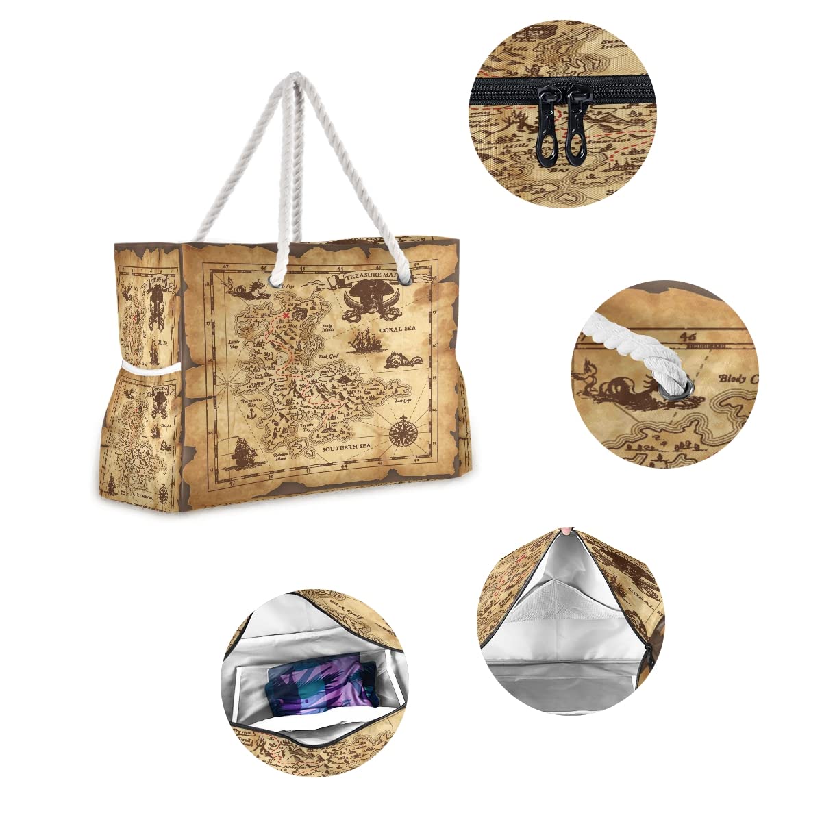 Pirate Treasure Map Beach Tote Bag - Reusable Grocery Shopping & Laundry Carry Bag for Women - Perfect for Beach Trips, Shopping & Travel Accessories
