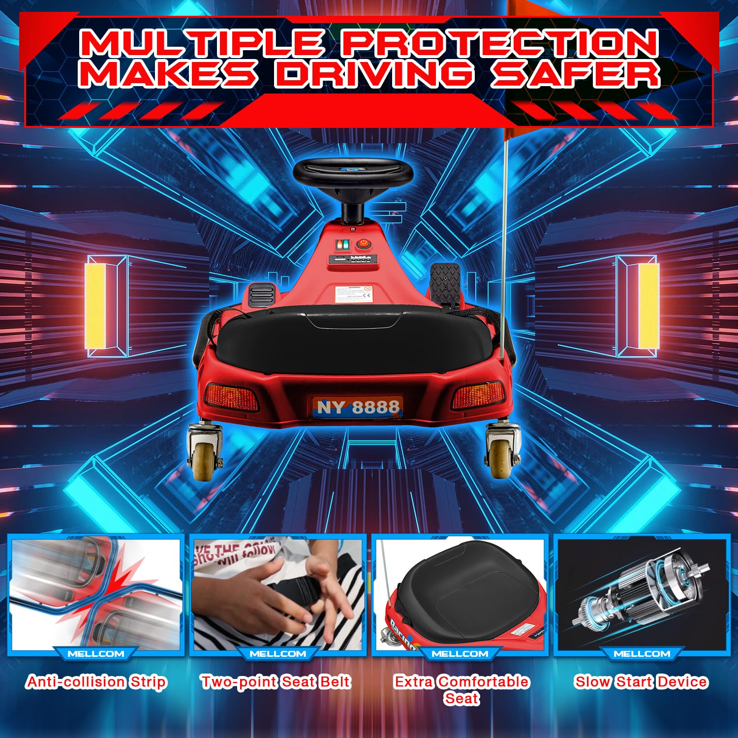 MELLCOM 24V Electric Drifting Go Kart for Kids - 360° Rotatable Wheels, Bluetooth, Music & LED Lights - Ride On Toy Car with Acceleration Pedal - Perfect for Backyard Racing, Birthday Gifts & Outdoor Play (Red)
