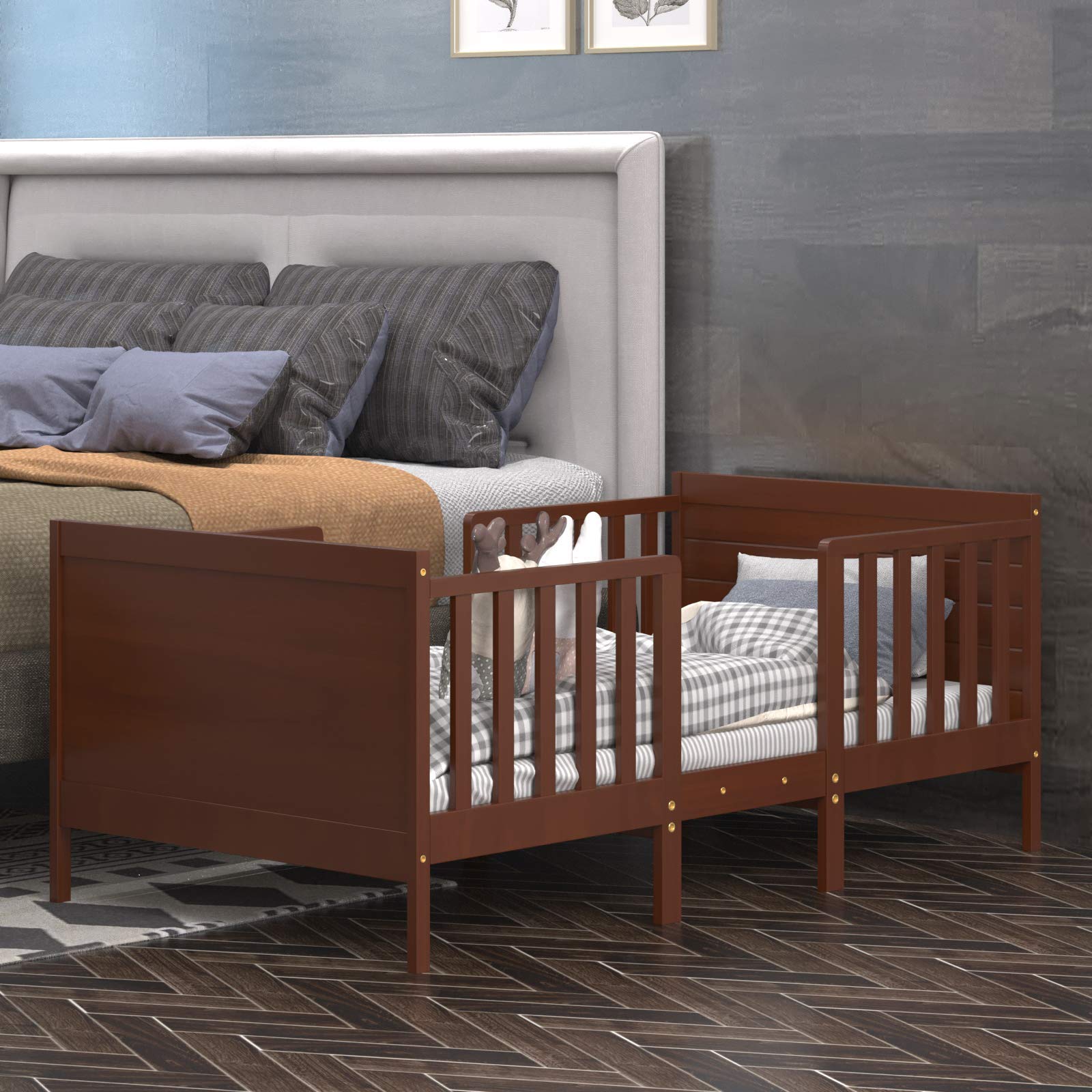Costzon 2-in-1 Convertible Wood Toddler Bed Frame with Safety Guardrails & Footboard - Full Size Crib Mattress Compatible Floor Bed for Kids & Toddlers (Brown) - Perfect for Nursery, Daycare or Children's Bedroom