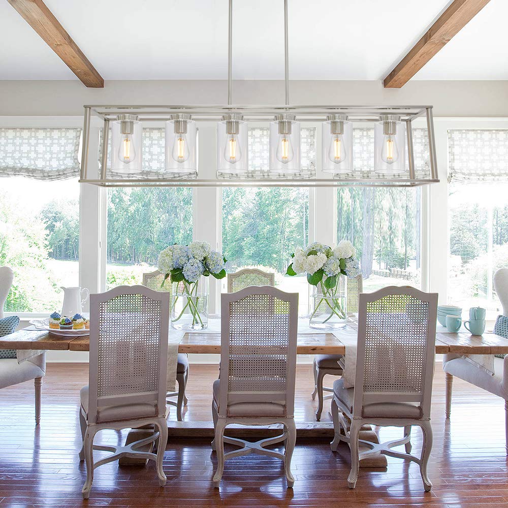 VINLUZ 6-Light Modern Chandelier Brushed Nickel Rectangular Pendant Light - Industrial Style Dining Room & Kitchen Island Lighting Fixture with Glass Shade | Perfect for Farmhouse, Restaurant and Open Concept Spaces