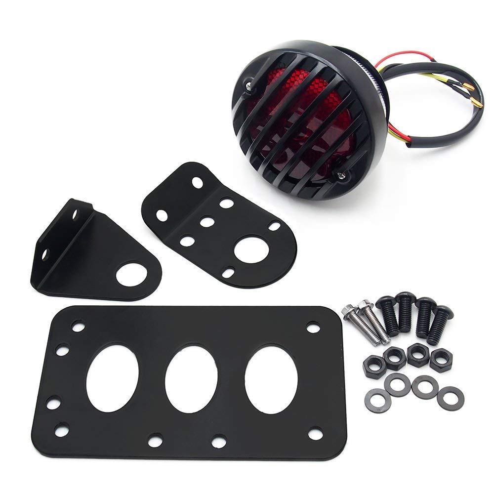Universal Motorcycle Tail Light & License Plate Bracket - Side Mount Grill Design for Bobber, Chopper - Compatible with Yamaha, Suzuki, Kawasaki & Custom Bikes - Perfect for Night Riding & Motorcycle Modifications