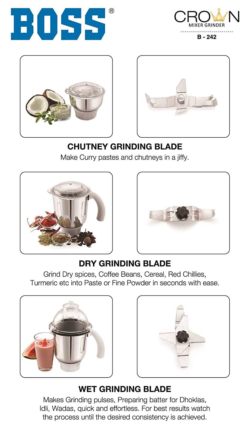 Boss Crown 750W Powerful Wet & Dry Mixer Grinder with 3 Stainless Steel Jars - 110V for USA - Perfect for Indian Cooking, Smoothies & Spice Grinding