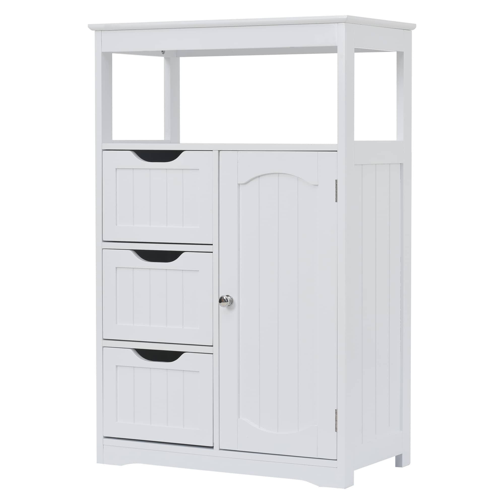 White Bathroom Storage Cabinet - Freestanding MDF Cabinet with Door & 3 Drawers for Bathroom Organization | Space-Saving Vanity Storage for Towels, Toiletries & Cosmetics | Modern Painted Finish for Bathroom, Bedroom or Hallway