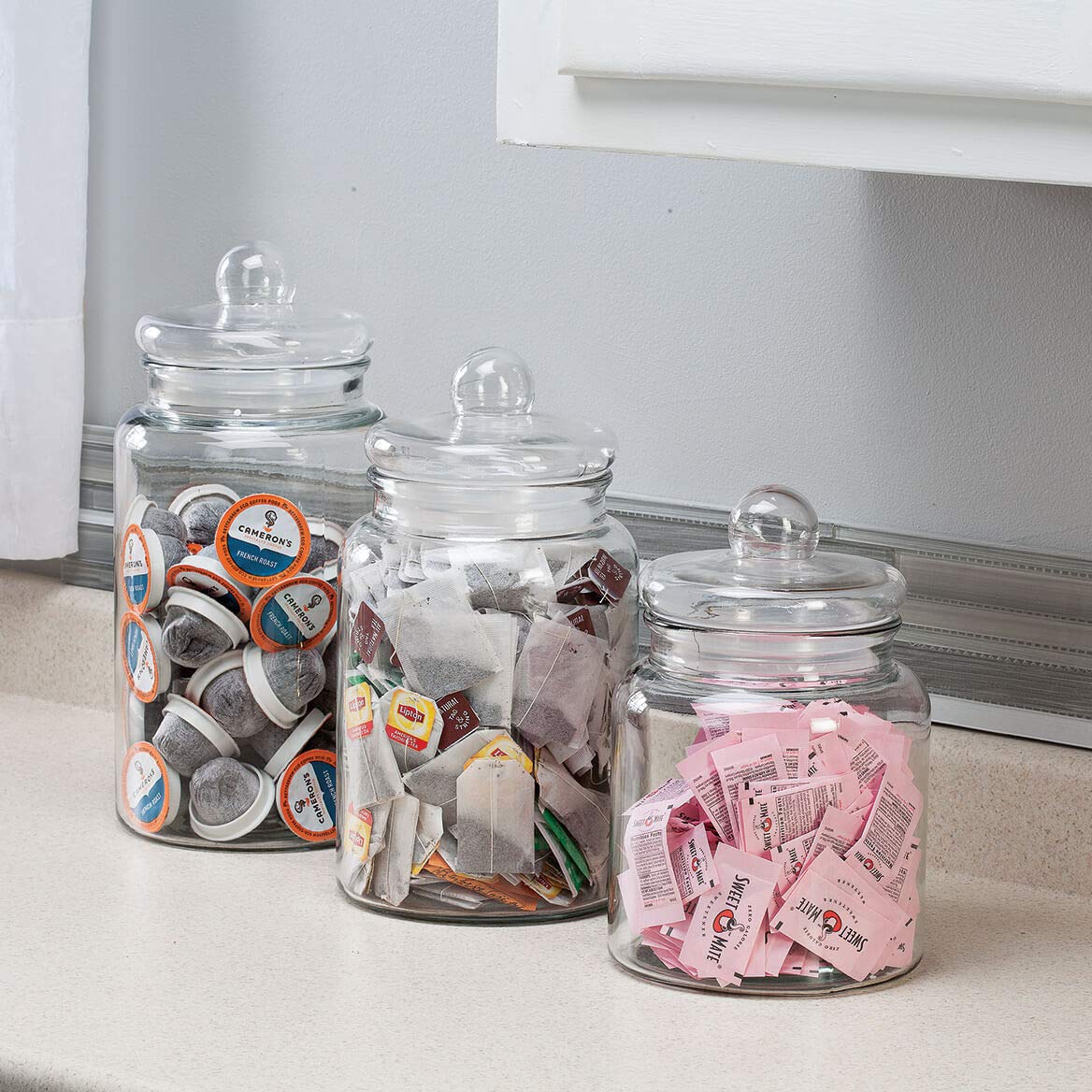 Clear Glass Apothecary Jars with Airtight Lids - Set of 3 Decorative Storage Canisters for Kitchen, Bathroom & Office Organization - Perfect for Spices, Cotton Balls, Candies & Home Decor