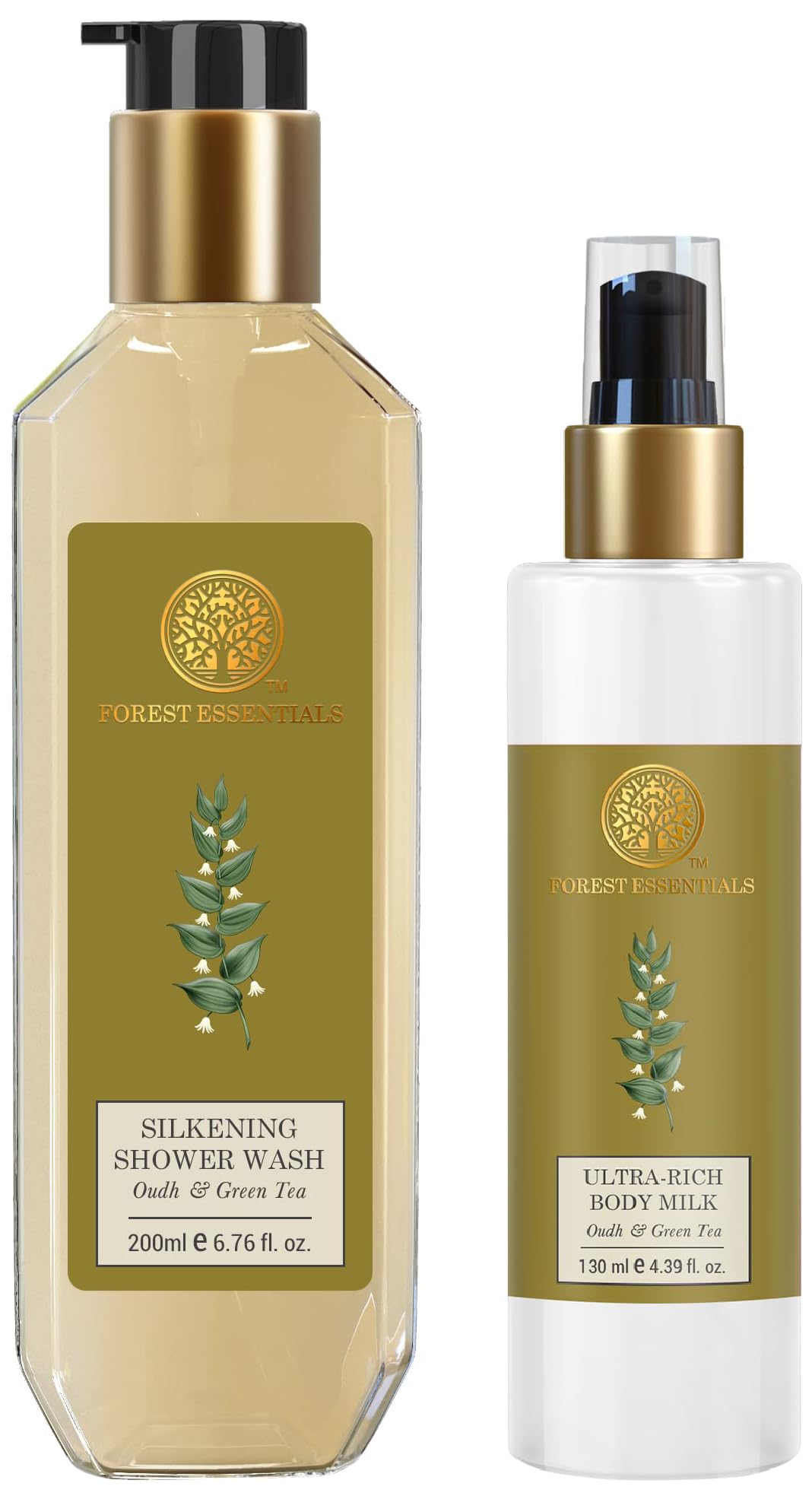 Forest Essentials Silkening Shower Wash & Ultra-Rich Body Milk Combo - Oudh & Green Tea Scent for Luxurious Bathing Experience | Perfect for Spa Days & Relaxing Self-Care Routines