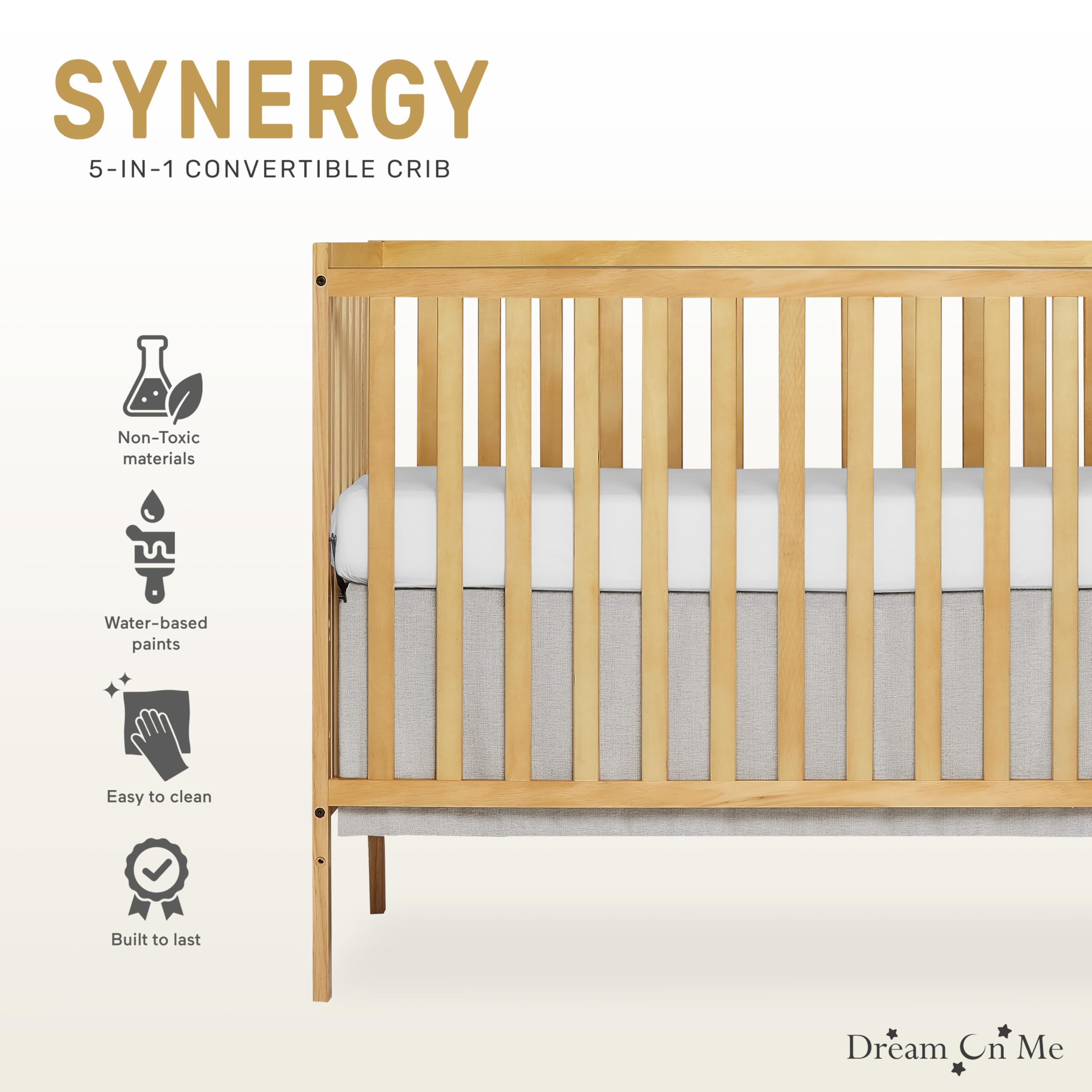 Dream On Me Synergy 5-in-1 Convertible Crib - Toddler to Full Size Bed | Safe & Stylish Nursery Furniture for Baby & Kids Room