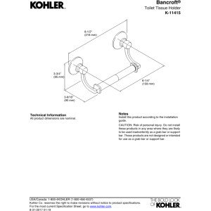 KOHLER Bancroft Toilet Paper Holder - Brushed Nickel Bathroom Tissue Roll Stand - Wall Mounted for Small Spaces, Powder Rooms & Modern Bathroom Decor