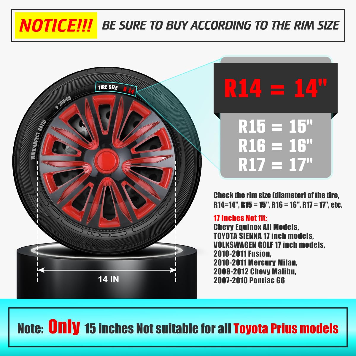 Universal 14 Inch Hubcaps - Snap On Wheel Rim Covers for Cars, Pickup Trucks & SUVs (4 Pack, Black & Red Lacquer) | Durable Replacement Exterior Accessories for R14 Wheels | Perfect for Road Trips, Daily Commutes & Vehicle Protection
