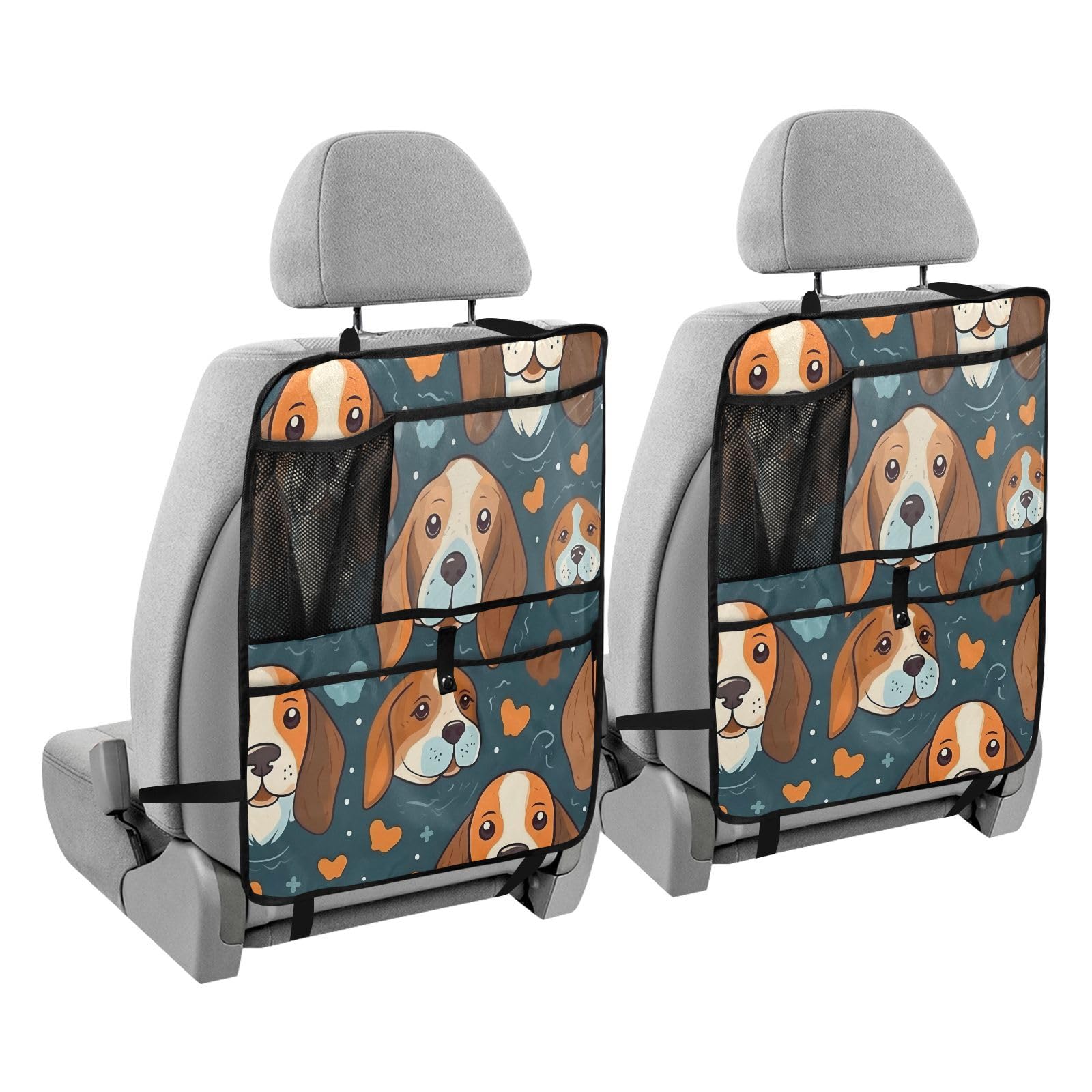 Beagle Dog Cartoon Back Seat Protector 2 Pack - Waterproof Car Kick Mats for Kids with Storage Organizer - Universal Fit for SUV, Truck & Most Vehicles - Perfect for Road Trips & Family Travel
