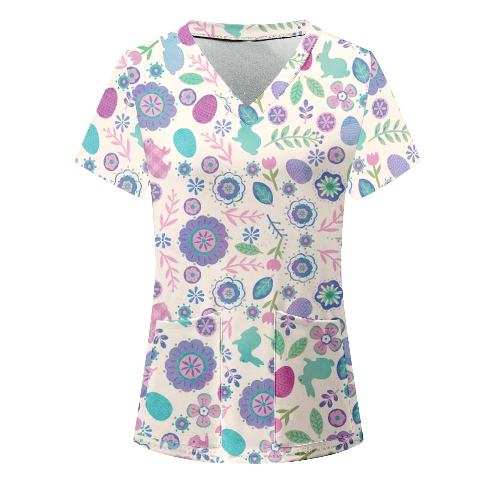 Easter Scrubs Tops for Women - Bunny Print V-Neck Short Sleeve Nursing Uniform Shirt | Comfortable Workwear for Nurses, Medical Professionals & Easter Celebrations