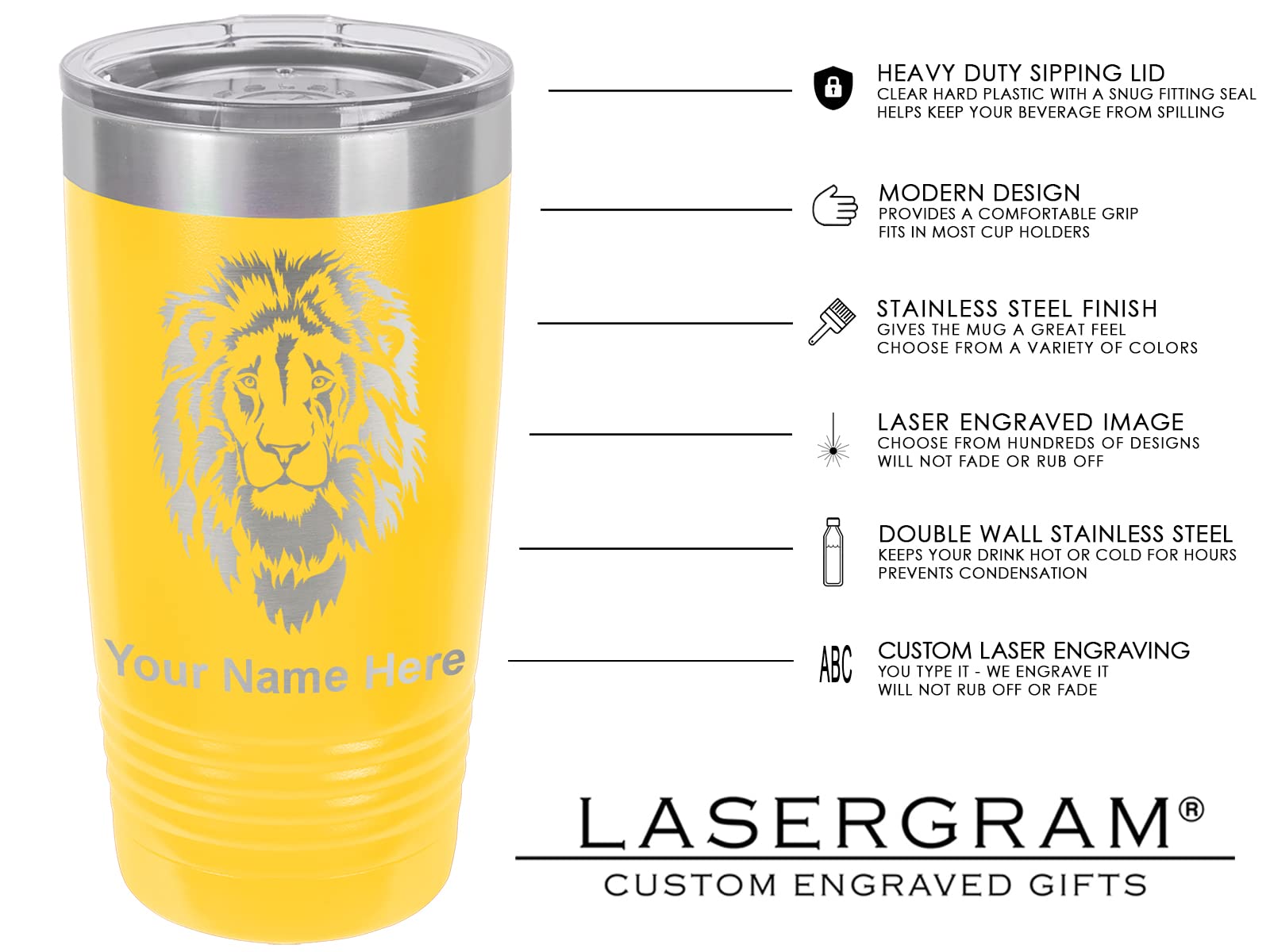 LaserGram 20oz Vacuum Insulated Stainless Steel Tumbler Mug with Dinosaur Design - Custom Engraved Tyrannosaurus Rex T-Rex Cup, Leakproof & Double Wall Insulation for Hot/Cold Drinks - Perfect for Office, Gym, Hiking & Outdoor Activities (Yellow)