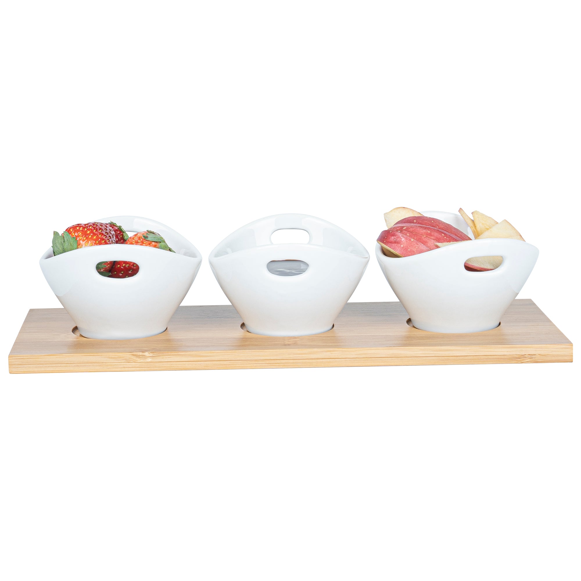 6 oz White Porcelain Rectangular Basket Bowls Set of 3 with Bamboo Tray - 11.75
