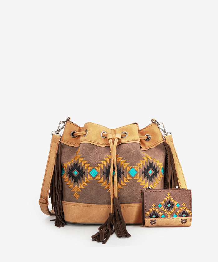 Montana West Aztec Fringe Bucket Bag Set for Women - Stylish Leather Crossbody Purse with Adjustable Strap, Perfect for Travel, Shopping & Everyday Use